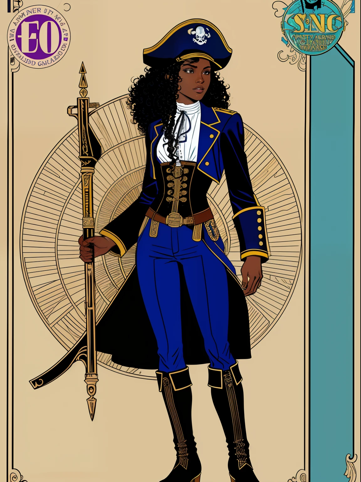 (comic style:1.3), (line art:1.5), (full body),(masterpiece, award winning, best quality:1.3), (flat color:1.3),(colorful:1.3), 1 girl ((solo)), Haitian, standing on a pirate ship, long curly black hair, wearing a blue captains jacket, captains hat, blue pants, corset, pirate ship, cinematic, masterpiece, detailed background, detailed material textures, (art by Jim Lee) serious, realistic 1.35, muscular 1.2