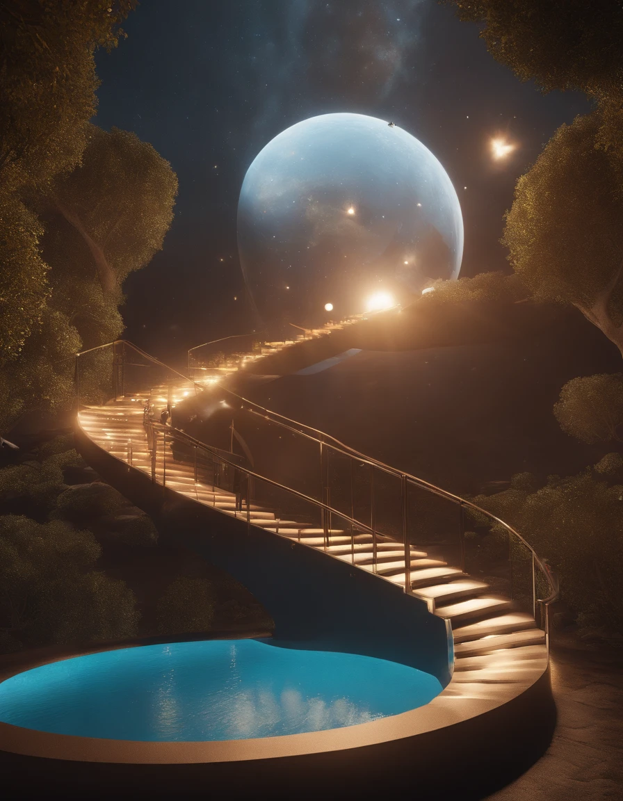 8K image, high quality, extremly detailed, highest quality, masterpiece, absurdres, magnificent, unreal engine, octane render, sci-fi, ((Spaceship)), soft lighting, dream, dreamlike, dramatic, (floating), antigravity, reflection, bubbles, sparkling, (🫧🌌☄️🪶🎆🎇🎊🎏), festival, happiness, celebration, dualism, yin yang, stairs, circle, quartz, crytsals