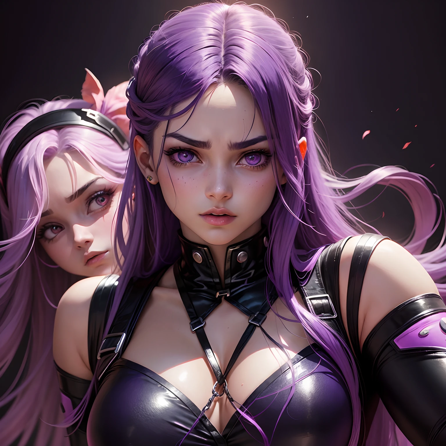jojos bizzare adventure girl, two girls, one girl caressing face, one girl worried, purple hair, long hair, shiny eyes, orchids background, dark ambient background, dramatic downwards angle