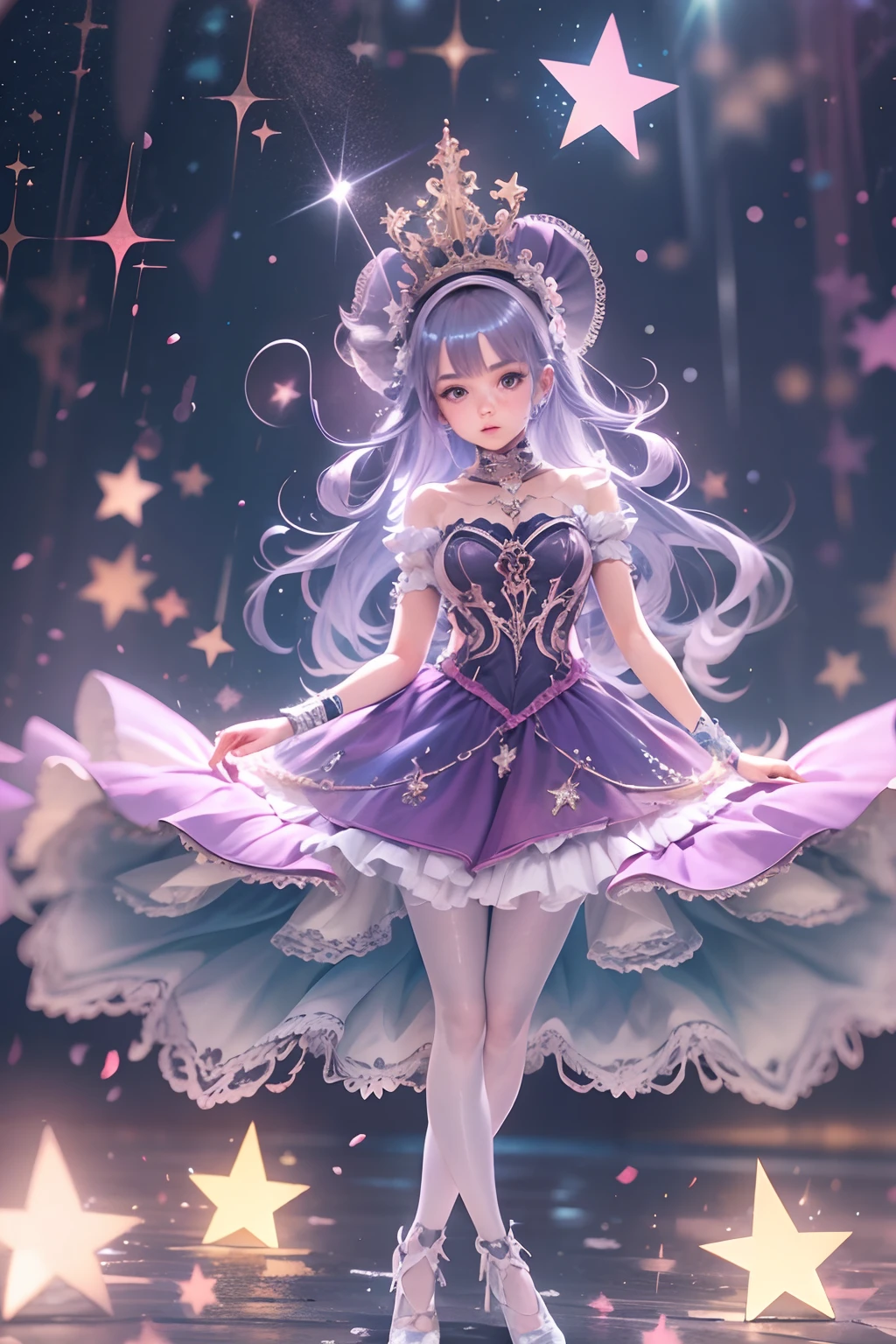 15 year old girl, Wear a tutu,Full body photo, stage, Starlight twinkles.