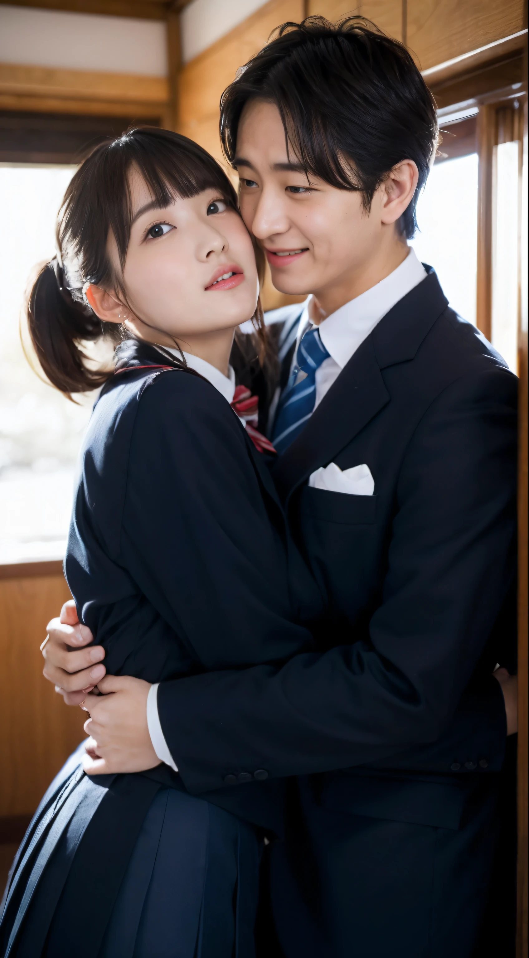 Mixed bathing, two couples, Japan high school uniform, couple flirting, uncle and JK hugging, (too big breasts: 1.9), drooping breasts,