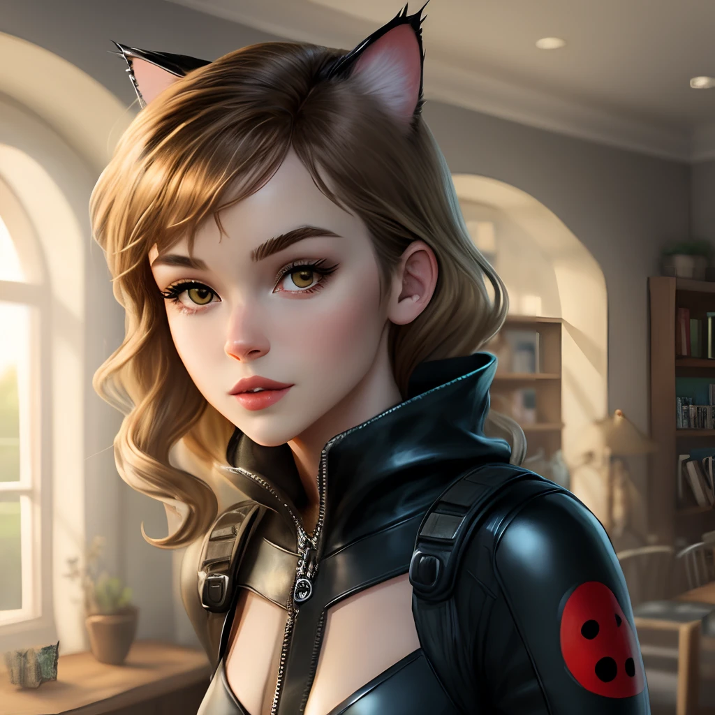 Cat noir of miraculous lady bug female version brown hair with blonde locks on the front