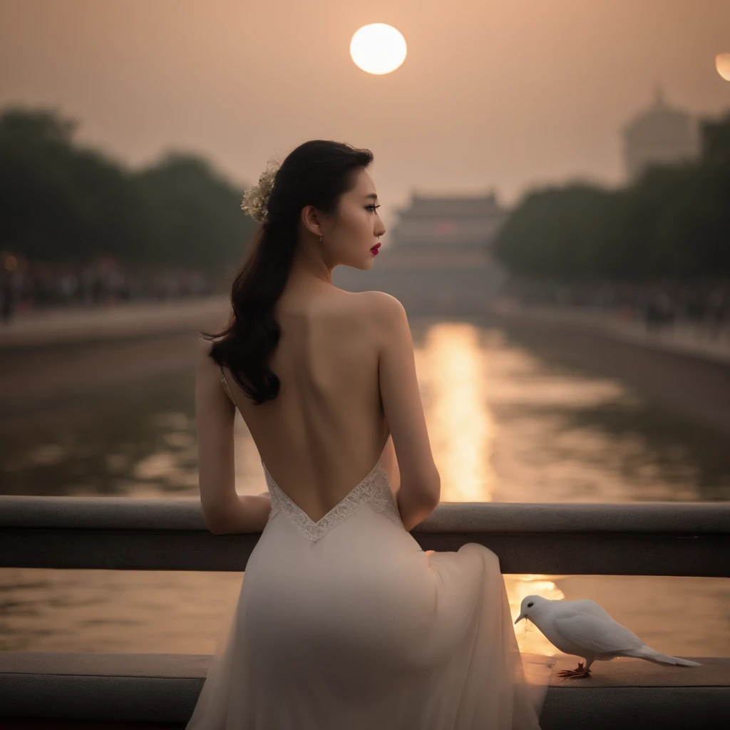 Chinese big breasts, Tiananmen, Dove，Super large moon，High detail, Contemporary art, hyper HD, retinas, Masterpiece, ccurate, Anatomically correct, Super detail, High details, High quality, Award-Awarded, Best quality, A high resolution, 16k