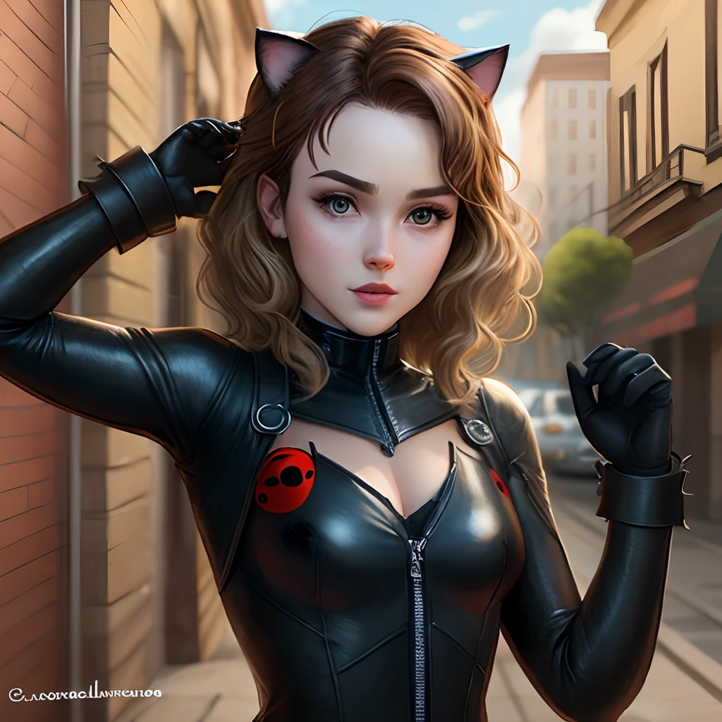 Cat noir of miraculous lady bug female version brown hair with blonde locks on the front