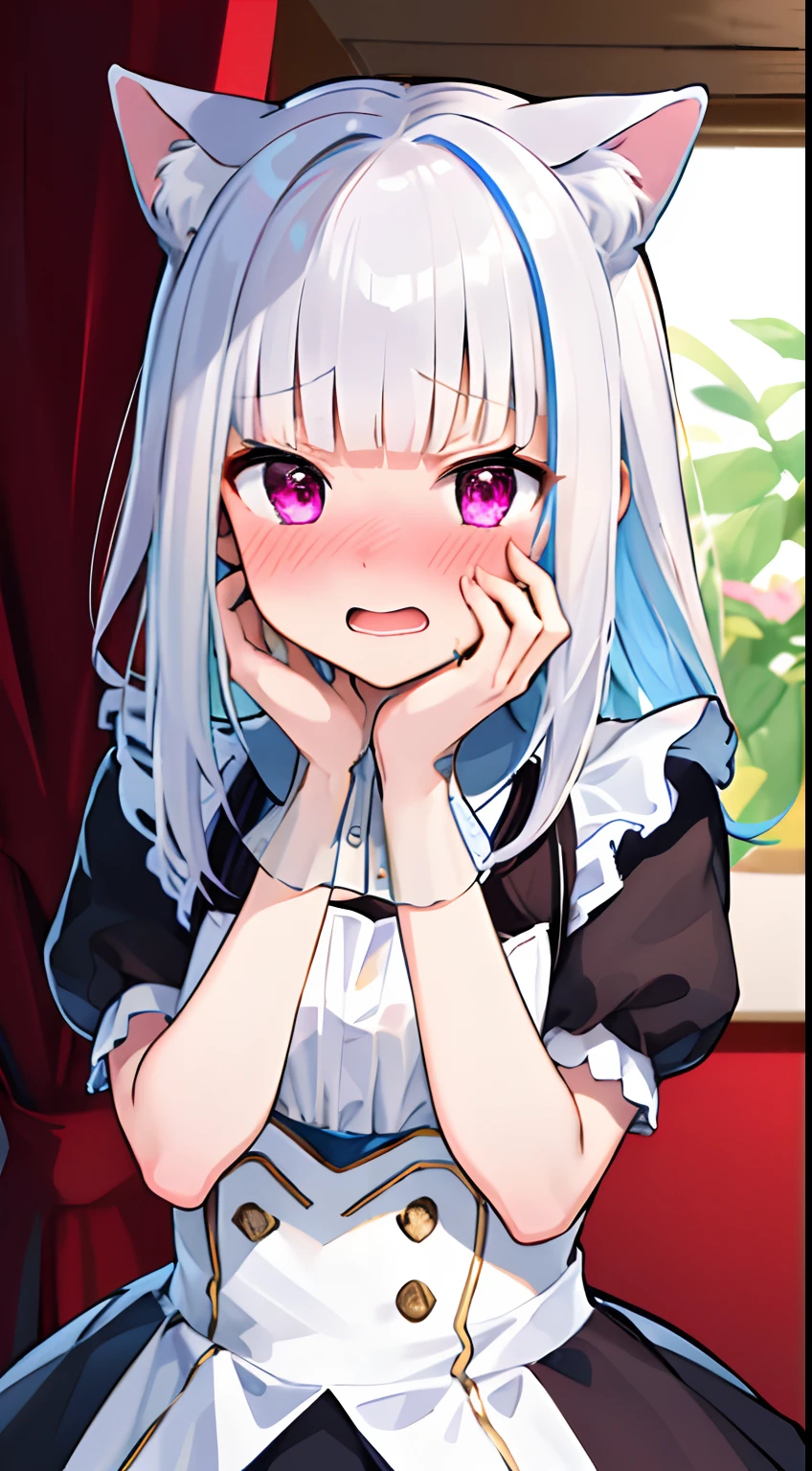 masterpiece, top quality, high resolution, 1girl, straight-on, upper body, solo, open mouth, embarrassed, blush, maid costume, maid, mini skirt, red cheeks, lineart, indoor, blush, open mouth, embarrassed, hands on own face, ear blush, covering mouth, looking at viewer, cat ear