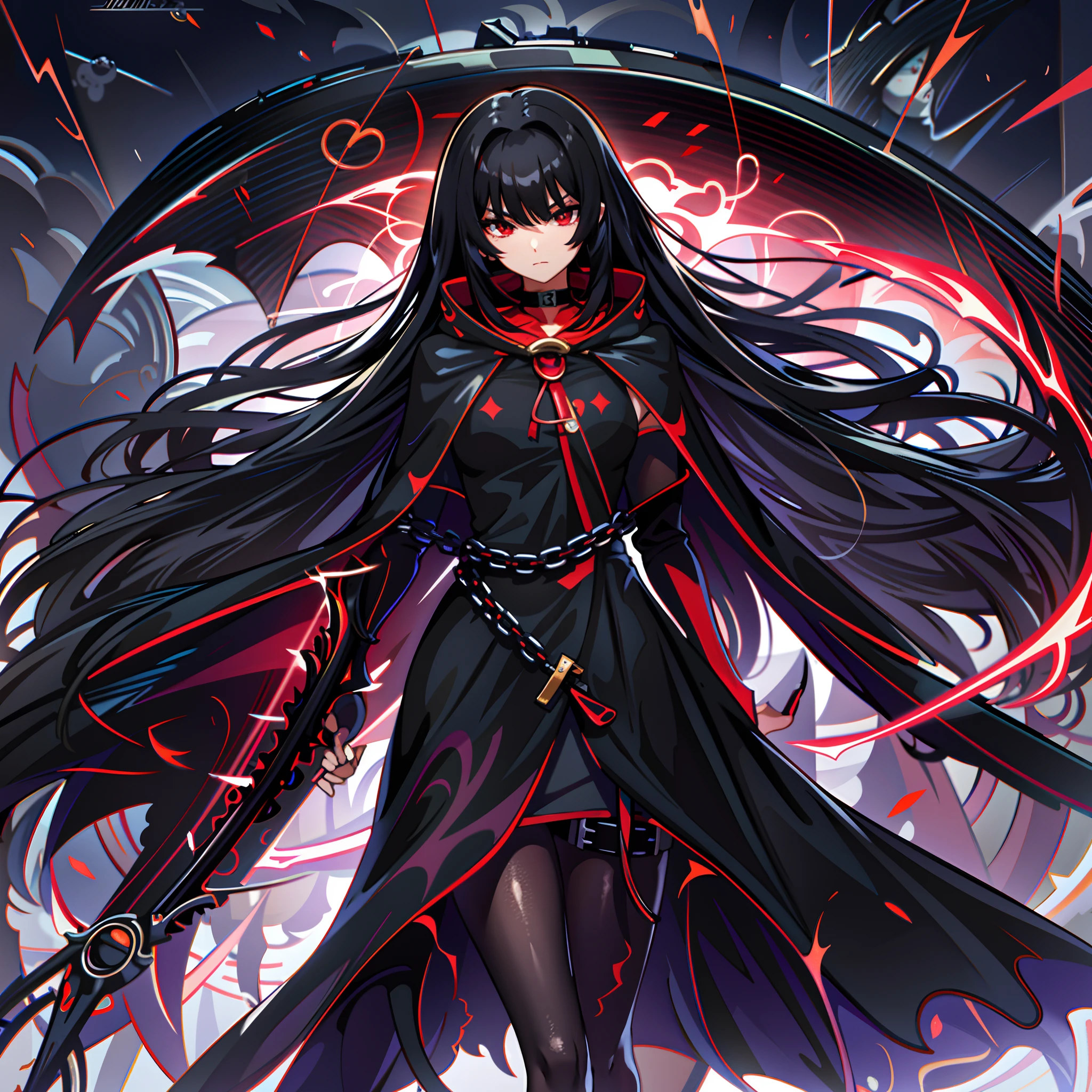 upper body, 1woman, black hair, Long Haired, Red eyes, (Crimson Lightning Angel), Black Long hoodie Cape, Black Large Scythe, tunic, big breats, wallpaper, Chain background, light particles, (masterpiece), best quality, Black mask, side-swept bangs, Top Quality, black large wing