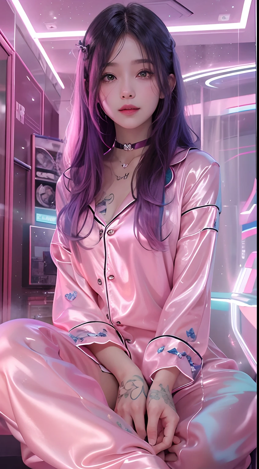 1girll,（Captivating quality：1.4），（True textured skins of the highest quality), Delicate face,Pink twin-tailed hair, Gradient Hair, （perfect bodies：1.1），Heart-shaped choker、long eyelasher,grin, hyperphotorealism, Cinematic lighting, projected inset, surrealism, hyper HD, masutepiece，Dream On，Please wear clear silk pajamas,Carmelto，tattooed，Fantasy space，Luxurious space