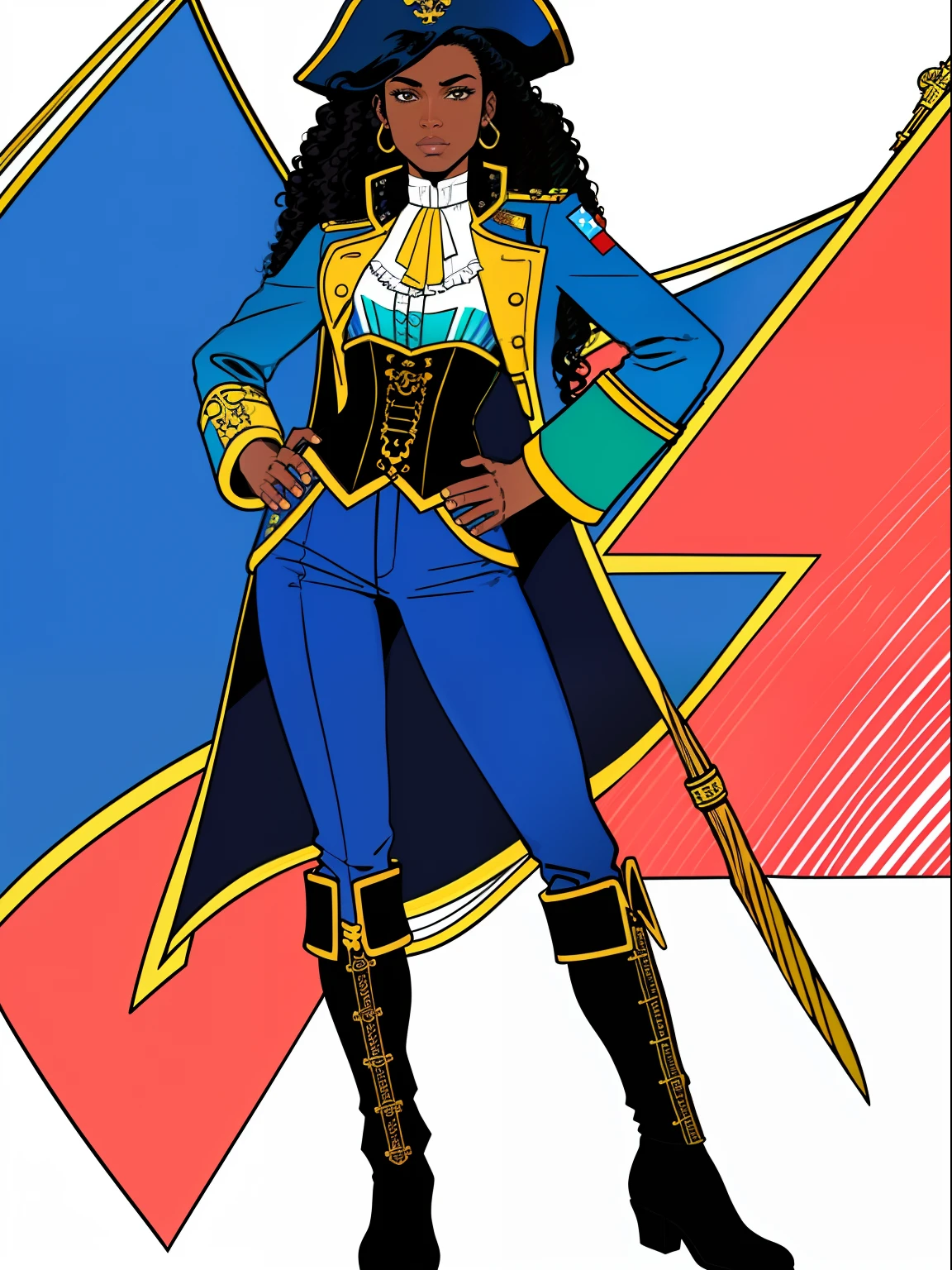 (comic style:1.3), (line art:1.5), (full body),(masterpiece, award winning, best quality:1.3), (flat color:1.3),(colorful:1.3), 1 girl ((solo)), Haitian, standing on a pirate ship, long curly black hair, wearing a blue captains jacket, captains hat, blue pants, corset, pirate ship, cinematic, masterpiece, detailed background, detailed material textures, (art by Jim Lee) serious, realistic 1.35, muscular 1.2