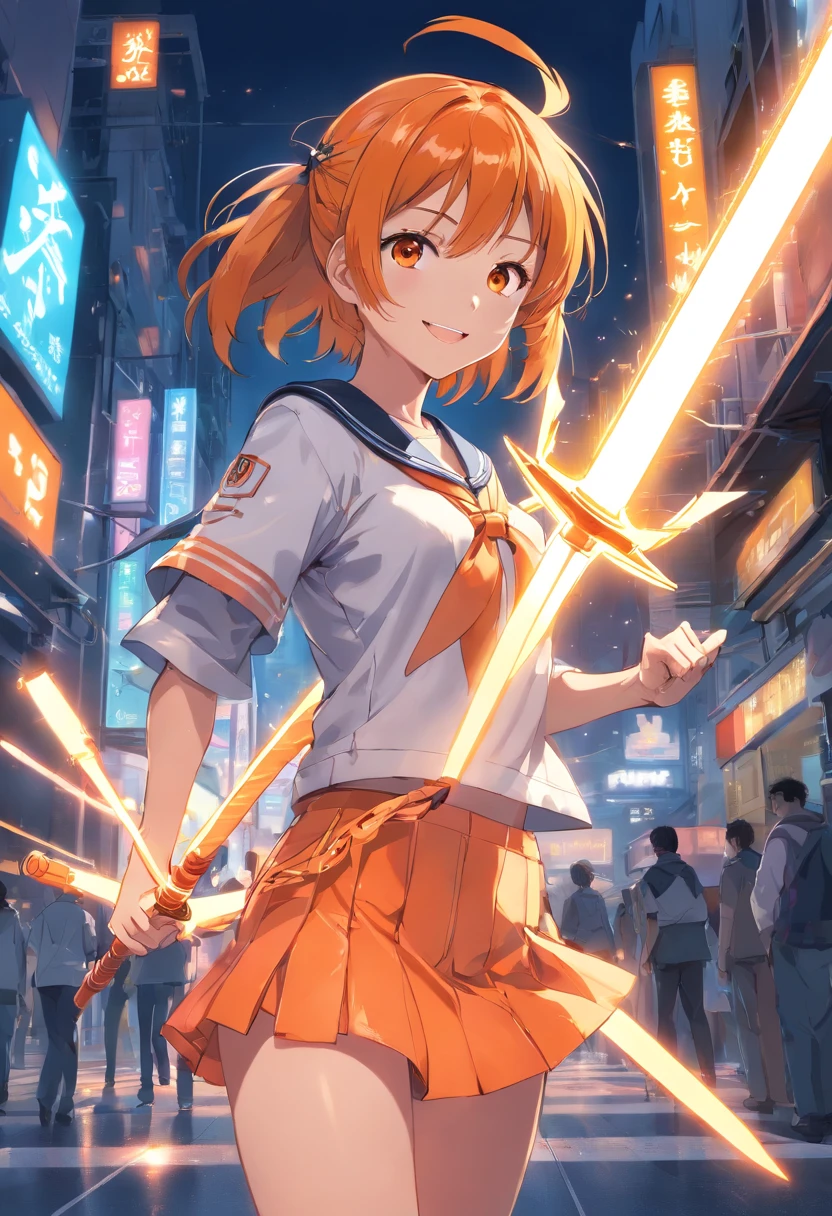 Cybernetic arm and glowing cyber girl,(J Women's Uniform,a sailor suit,White skirt,),Intense body movements,Add a motion blur effect to simulate motion,Stand on the streets of a desolate battlefield.Surrounded by a network of wires. Surrounded by a web of circuits. (Cyber Girl with Orange Glowing Sword:1.3), Glossy light brown and orange striped shorthair,disheveled ponytail,Cute smile,Perfect round face,Black eyes,