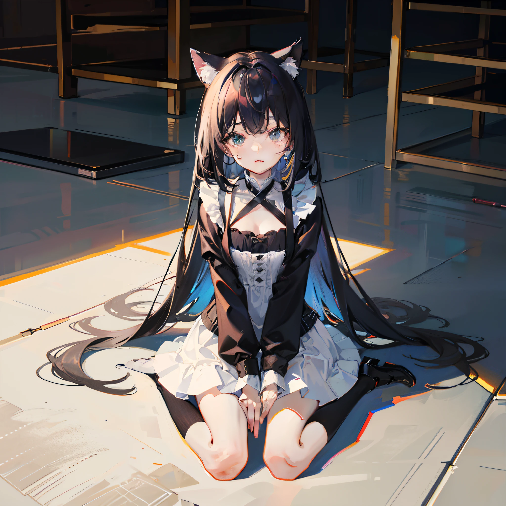 cat ear,Cat tail,cabelos preto e longos,Long hair,red pupils,kneels on the ground,mini-skirts,a black pleated skirt,white stockings,(tmasterpiece),(Best quality),1girll
