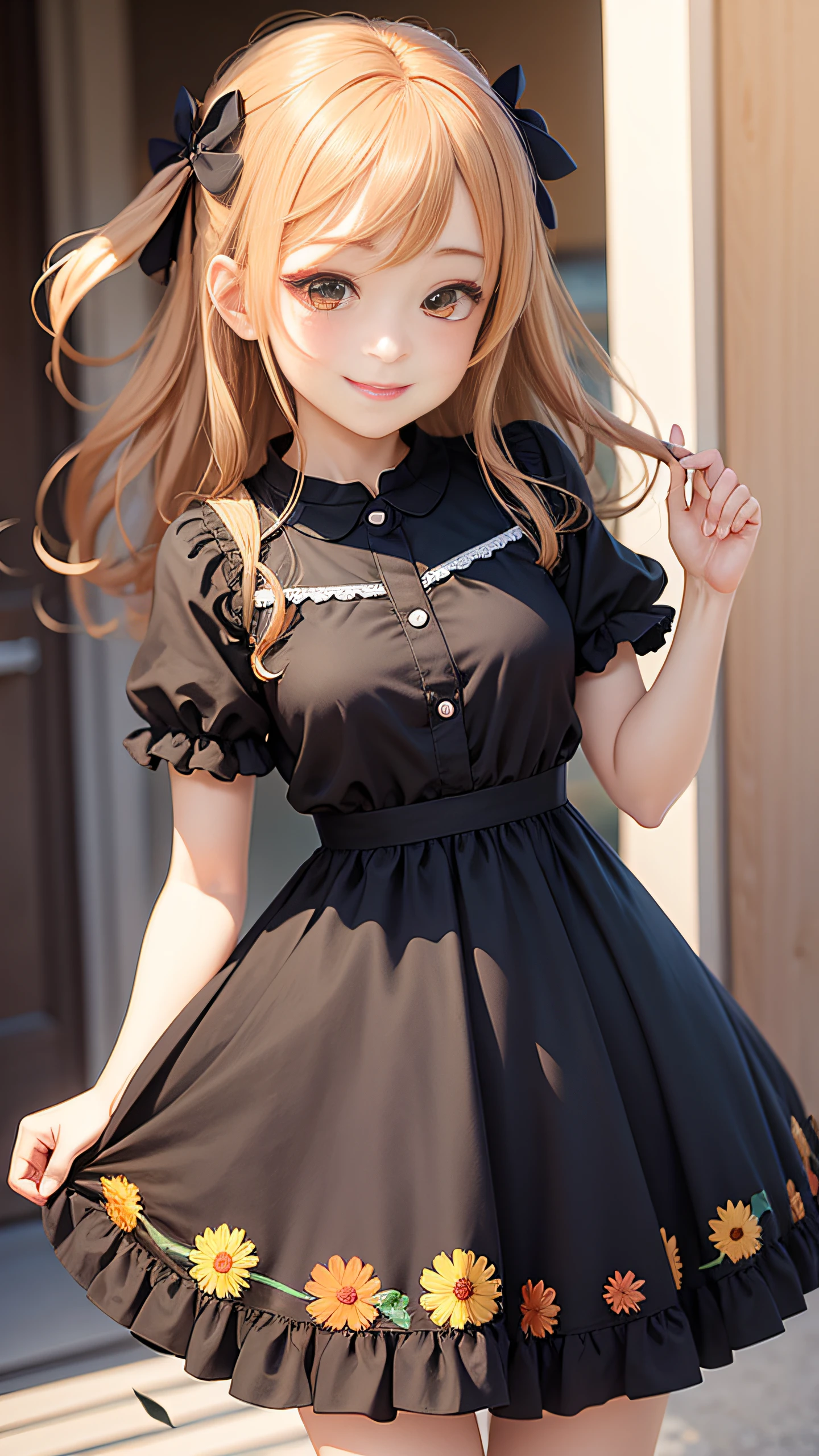 Anime style anime girl illustration blurred background smiling against camera without teeth,is wearing dress,himawari