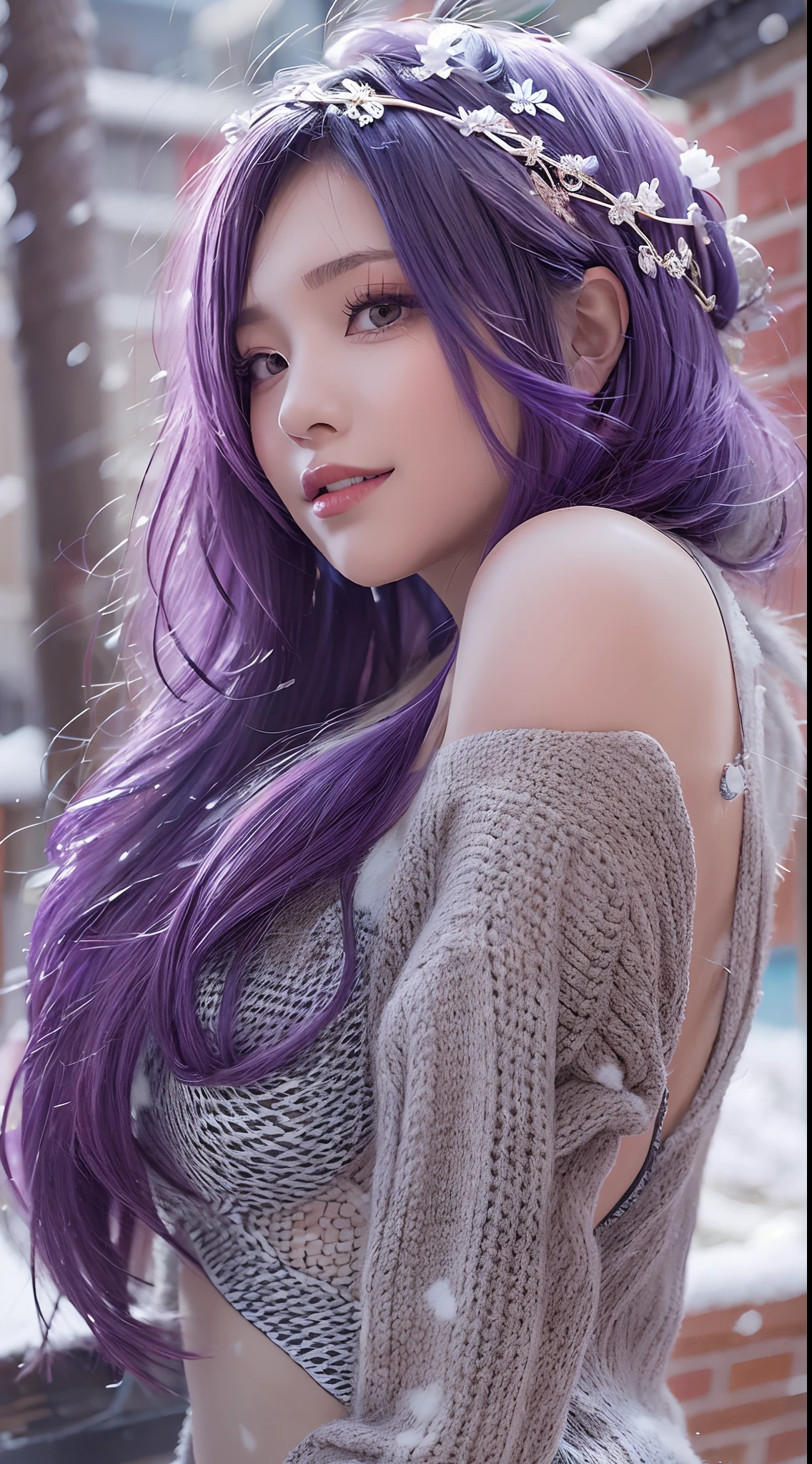 Obra maestra, La mejor calidad, en invierno, nieve, Paisaje urbano, realista, real, enorme_filesize, El fondo de pantalla, Gradiente_fondo, Japanese, girlish, Cabello largo, purple hair, cabello ondulado:1.4, Palillo para el cabello, Heart-shaped hair ornament, sonrisa falsa, senos medianos, Vestidos de turno,bikini amarillo:1.4, sujetador, encaje, Nipple adjustment_muslo alto,