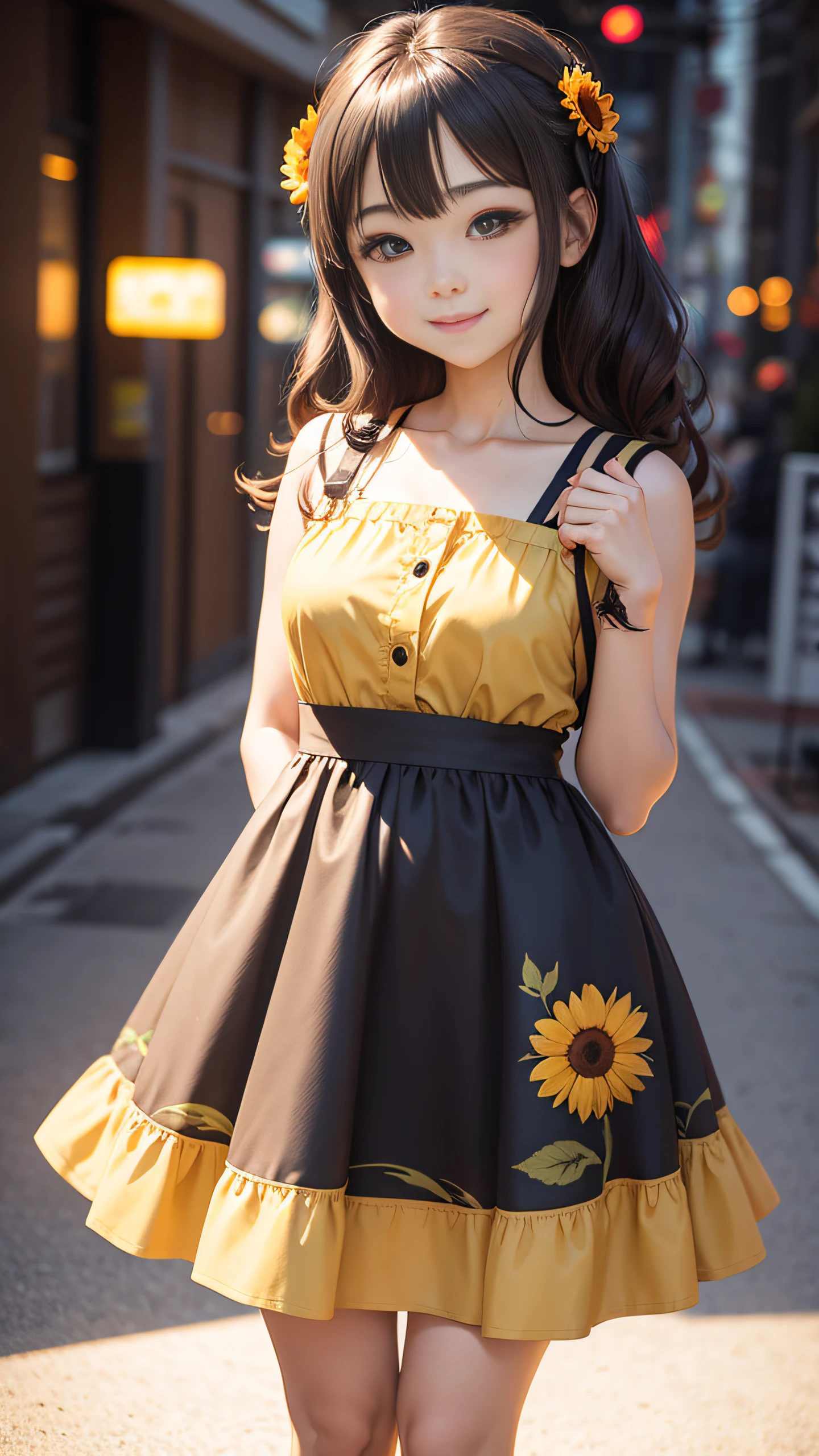 Anime style anime girl illustration blurred background smiling against camera without teeth,is wearing dress,himawari