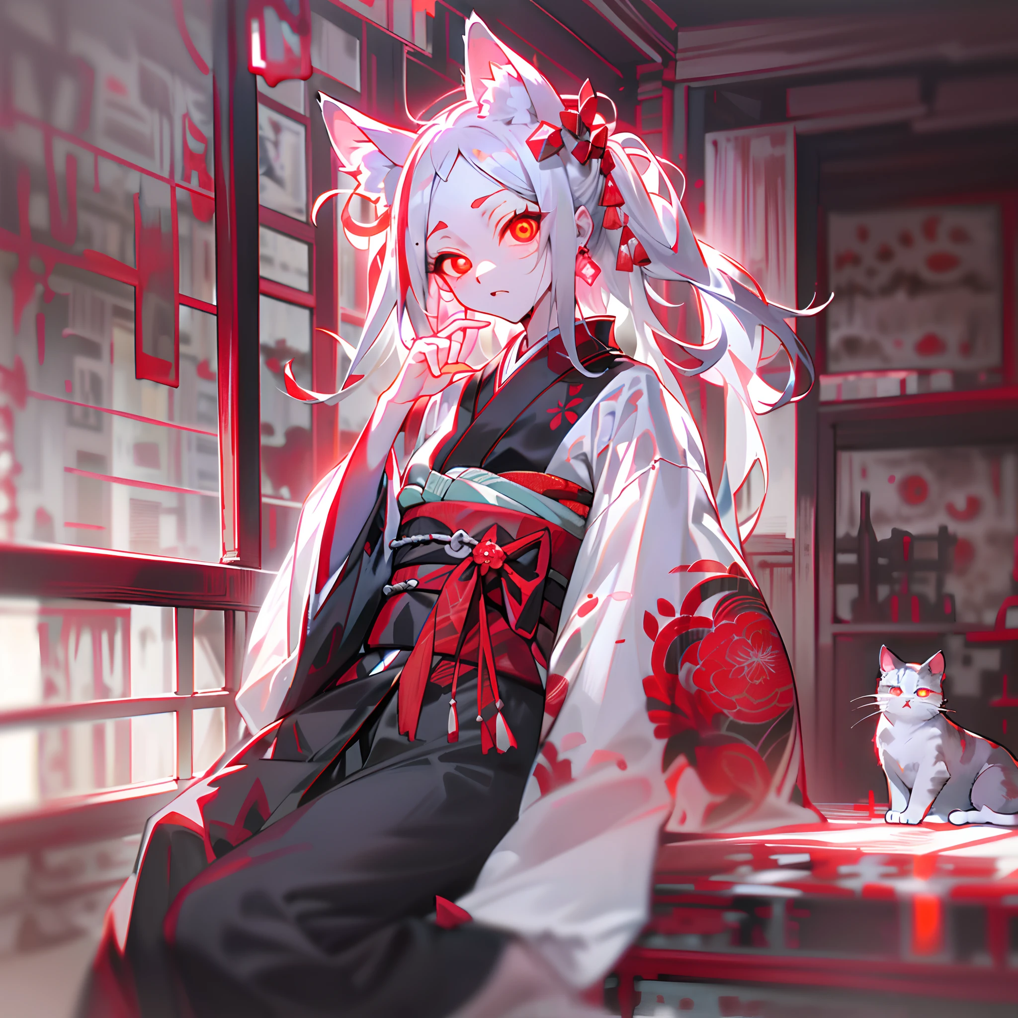 absurderes, hight resolution, ((masutepiece)), animesque、((Best Quality)), (Ultra-detailed), ((Extremely detailed)), (Beautiful), ((Kawaii Girl)), 独奏,(14years:1.6)、Beautiful face, full body Esbian、White skin、(Glowing red eyes:1.7)、shiny long pale white hair、The upper part of the body、Gentle face、Cat's ears、(Inside an old and dark old house:1.4)、Old-fashioned kimono、Sit upright、See more、deadpan、(Sexy gestures:1.3)