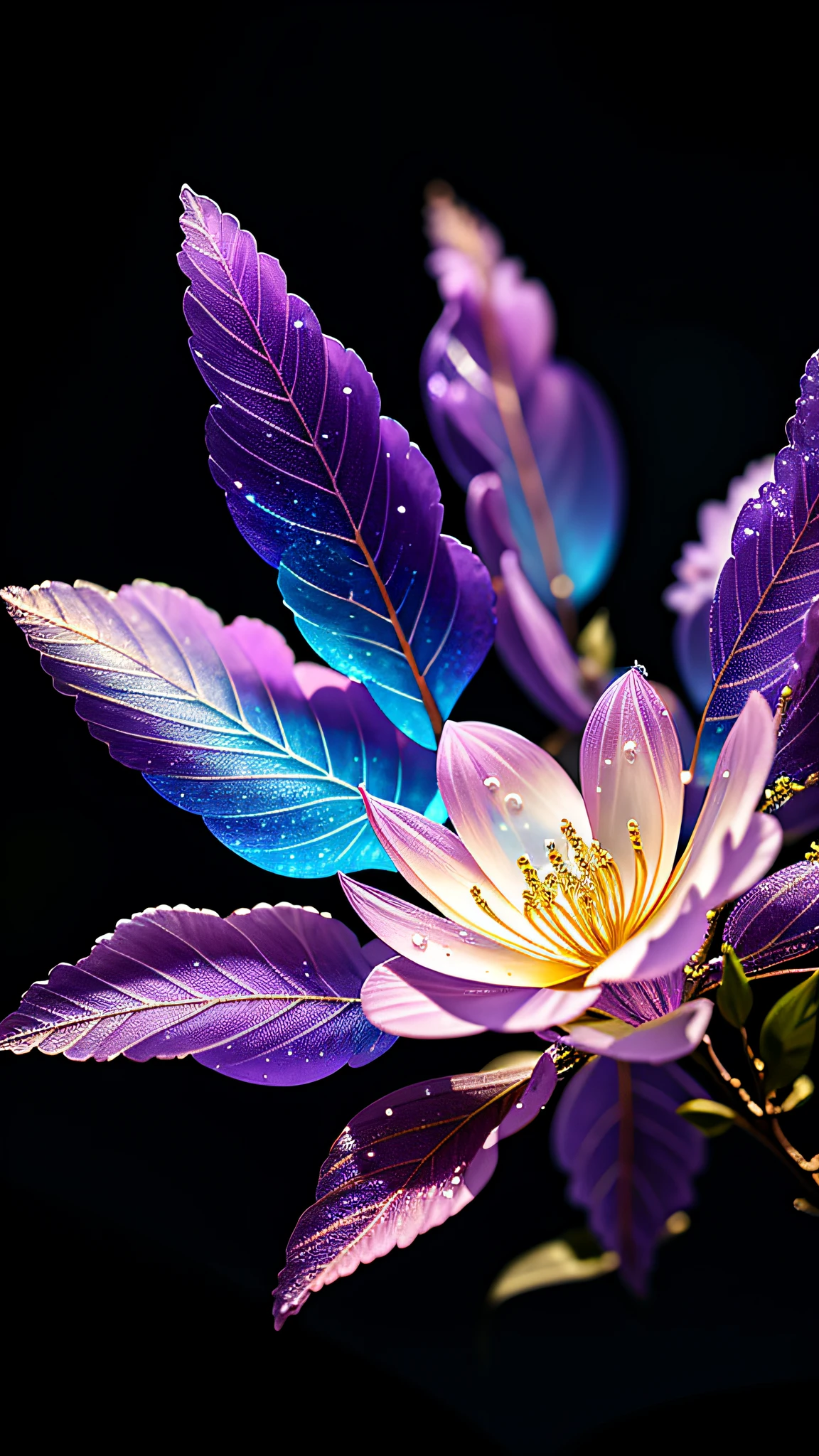 branch of delicate lilac flowers, super transparent, holy light, beautiful spectral light, petals glow, flashing, dark background, drops of transparent light, reflective light, bright, light streaming in, optics, portrait profile, sharp focus, magical, intricate, ultra realistic, fantasy, composition, light, trend on artstation, pearl, patronus cloud of silvery vapor, corrosive enveloping ray family, 8k, ureal ar 23v4 uplight