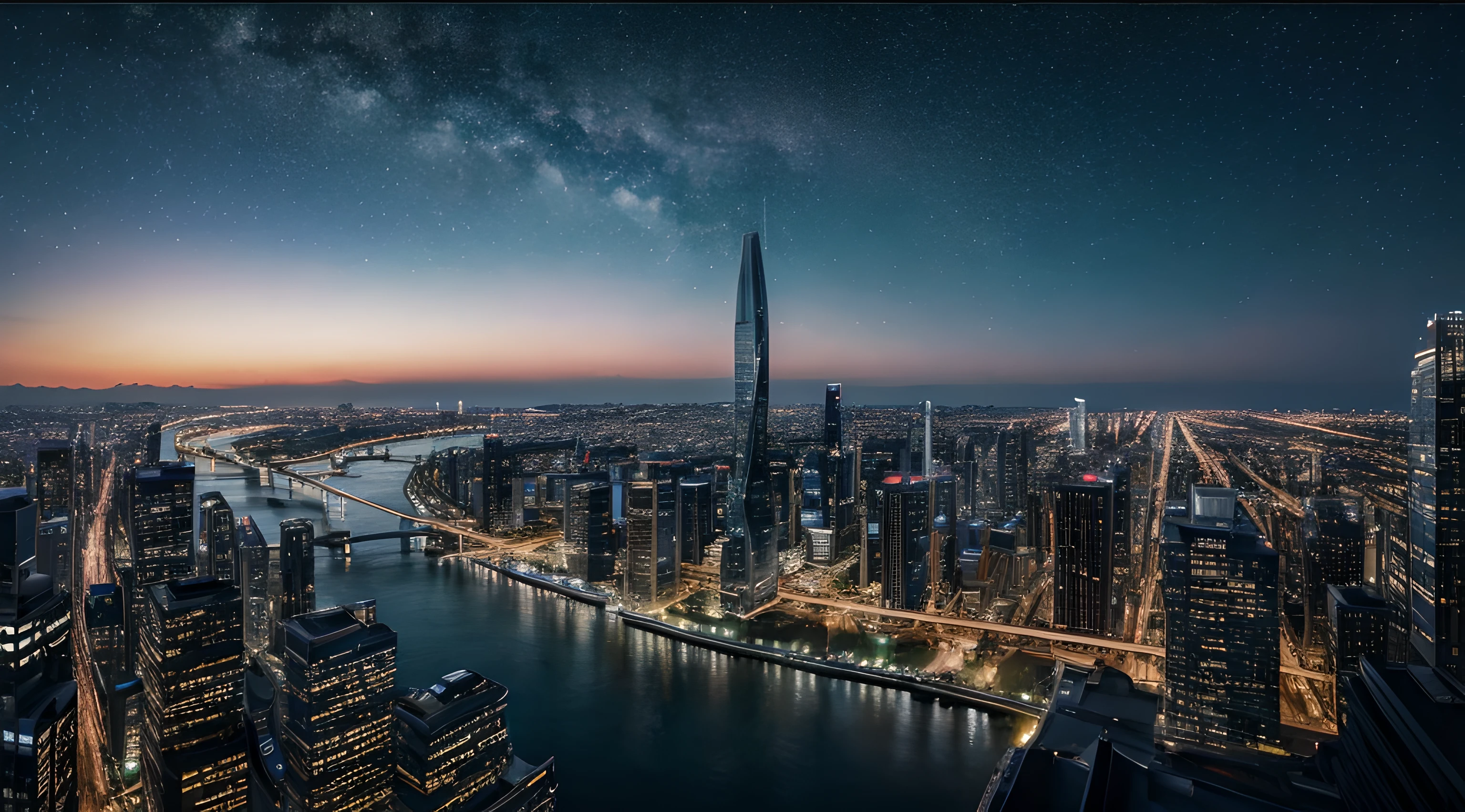 starrysky、deep in the night、Modern age city、bird's eyes view、Very nice view、amazing lighting effect、8K，Super tall painting，small detailed，RAW photo of the landscape，（tmasterpiece），Ultra HD in 8K，Digital SLR，softlighting，high high quality，filmgrain，Fujifilm XT3，(Masterpiece, Best quality:1.4), highest details, extreme detailed details, Ultra detailed, finedetail, NOhumans