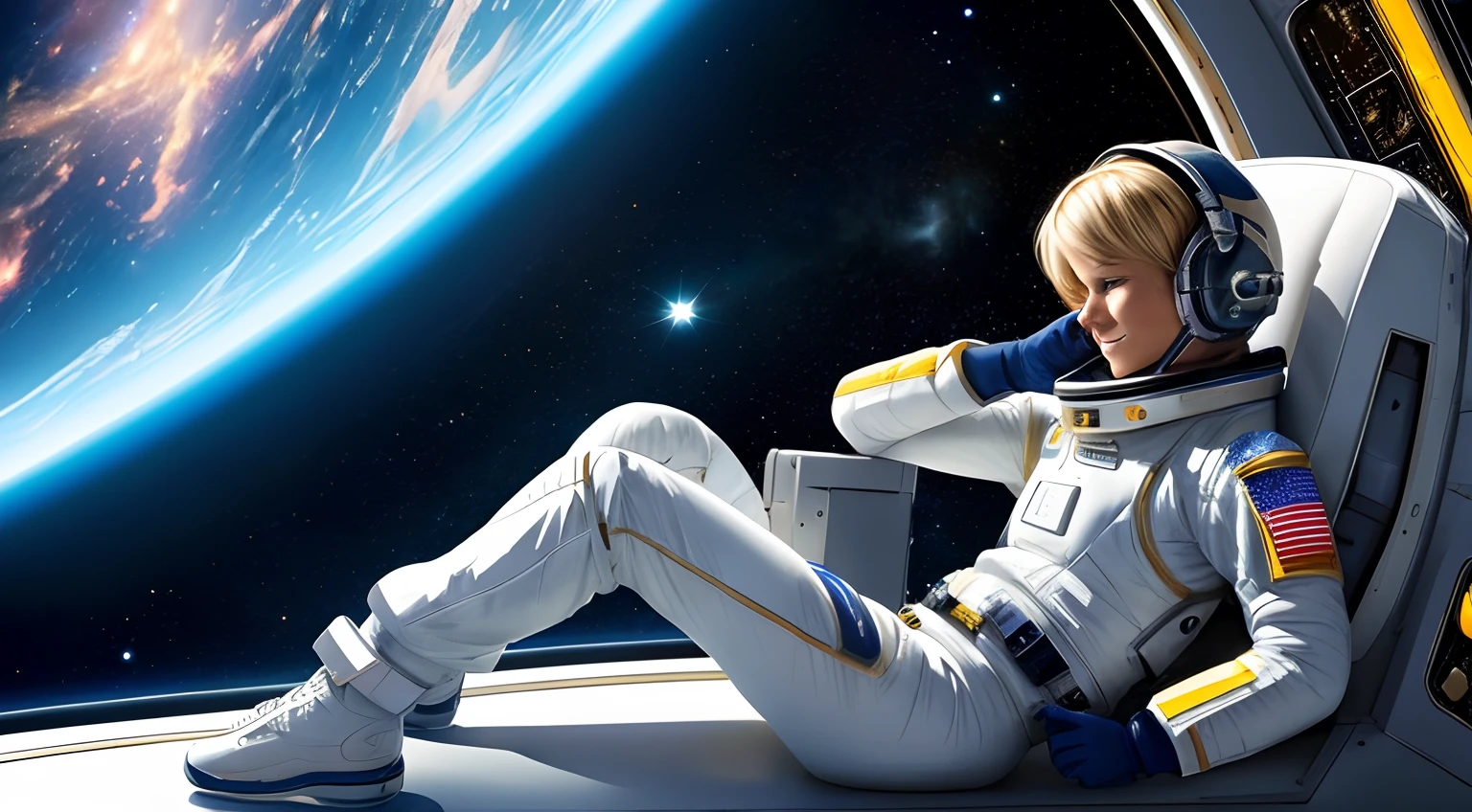 realistic Illustration of a short blond female pilot exploring space ultra-high definition detail, She sits in her bedroom on the spaceship ultra-high definition detail, taking a rest listening to music exploring the unknown realm of the universe, It is characterized by her calm and brave figure, The background is an expanse of outer space with galaxies and nebula across space. The costume is a spaceship pilot's suit, ultra-high definition detail, deep space, she is in the space station, she is smiling, comet in the background leaving a dust trail across space
