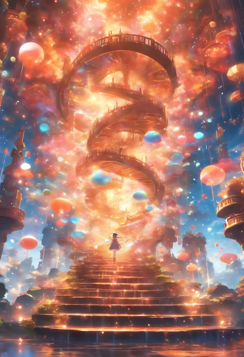 8K image, high quality, extremly detailed, highest quality, masterpiece, absurdres, magnificent, unreal engine, octane render, sci-fi, ((Spaceship)), soft lighting, dream, dreamlike, dramatic, (floating), antigravity, reflection, bubbles, sparkling, stairs, (🫧🌌☄️🪶🎆🎇🎊🎏), festival, happiness, celebration, dualism, yin yang, stairs, circle, quartz, crytsals