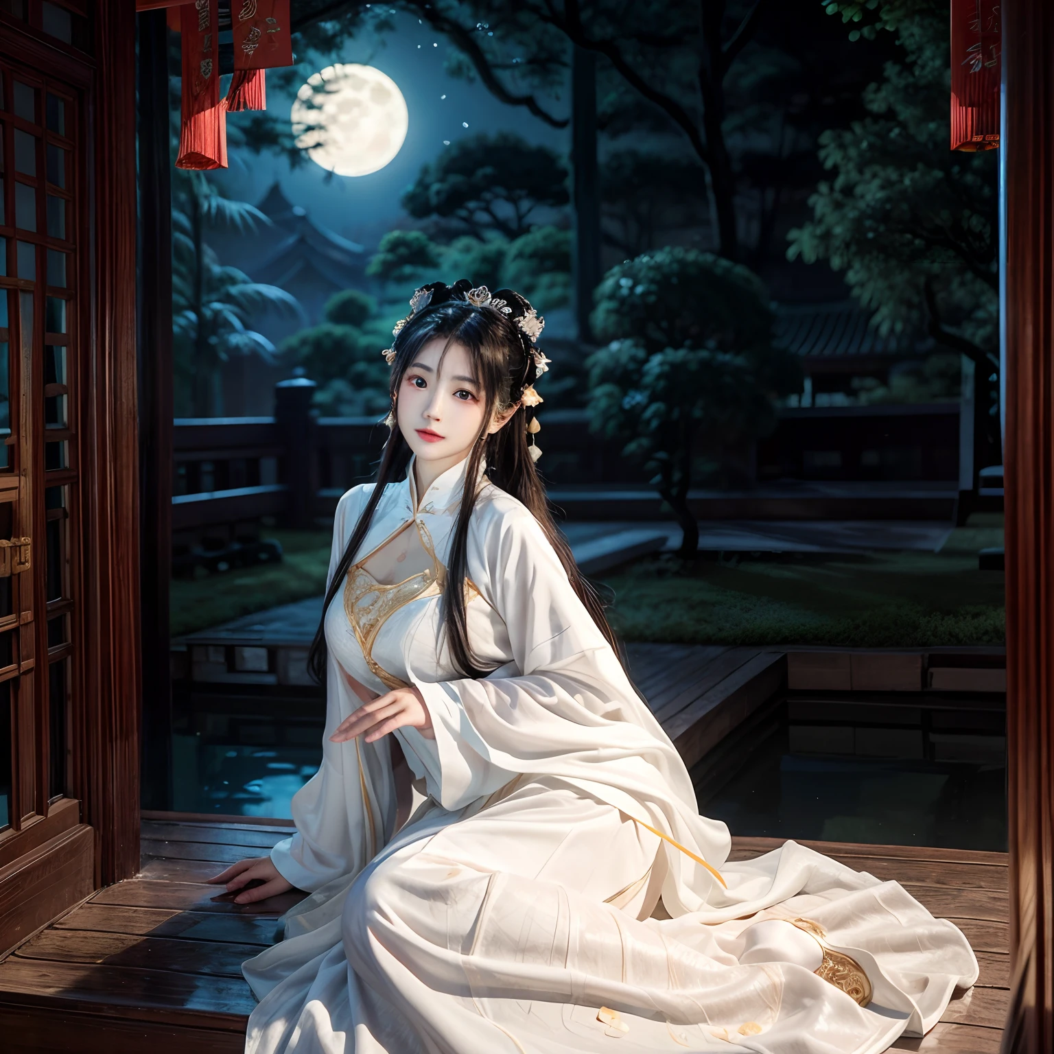 Chang'e,Moon,themoon,rays of moonlight,big breasts beautiful,delicated,the detail,Extreme,复杂,Brilliant --ar 2:4 --s 100 --niji 5 --Expressive style,palaces,the white rabbit,Long sleeves floating,Palace costume,Classical beauty,Looking at you,Bigchest,Realiy