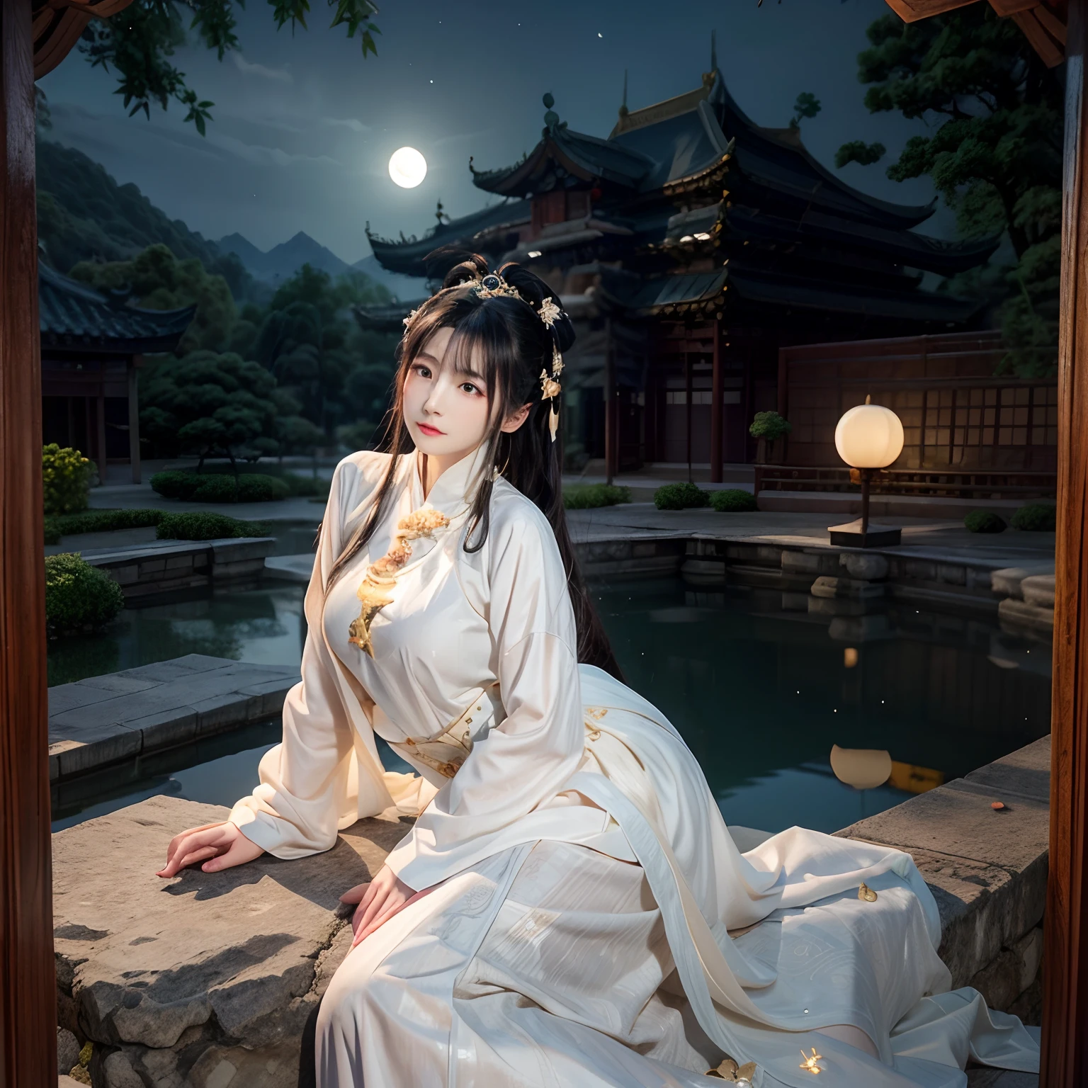 Chang'e,Moon,themoon,rays of moonlight,big breasts beautiful,delicated,the detail,Extreme,复杂,Brilliant --ar 2:4 --s 100 --niji 5 --Expressive style,palaces,the white rabbit,Long sleeves floating,Palace costume,Classical beauty,Looking at you,Bigchest,Realiy