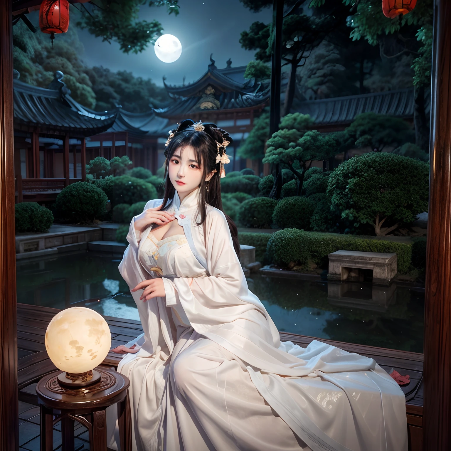 Chang'e，Moon，themoon，rays of moonlight，big breasts beautiful，delicated，the detail，Extreme，复杂，Brilliant --ar 2:4 --s 100 --niji 5 --Expressive style，palaces，the white rabbit，Long sleeves floating，Palace costume，Classical beauty，Looking at you，Bigchest，Realiy