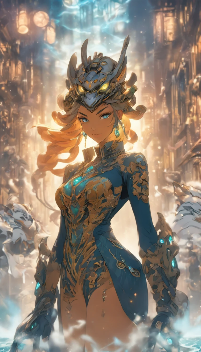 Chinese ink style,Steampunk world,topless, Tiger-shaped steampunk warframe girl,Jet steam is suspended in the city air,Ink animation art,Ink comic art,water ink,ink,Smudge,8K,Delicately portrayed,Works of masters