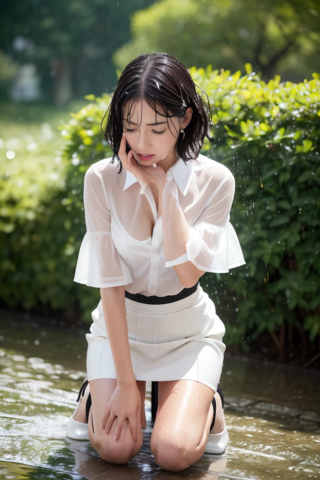 (Top image quality:1.2), (超A high resolution:1.2), (fidelity:1.4), 1 woman, 28 year old, ((a Pretty face)), (Wet clothes:1.4), ((Real rain)), ((Wet hair)), (Rain drips all over the body), Wavy short bob hair, Brown eyes, ((Shining Eyeshadow)), (prominent eyelashes), Glossy lips, (White blouse:1.2), (Black tight skirt:1.3), (Black High Heels:1.2), Black bra, Town, Despair, (Teardrops:1.2), (Crying face:1.2), Kneel down, One-person viewpoint, F/2.8, 135 mm, NIKON, masutepiece, Anatomically correct, high details, Best Quality, hard disk, 4K, 8K