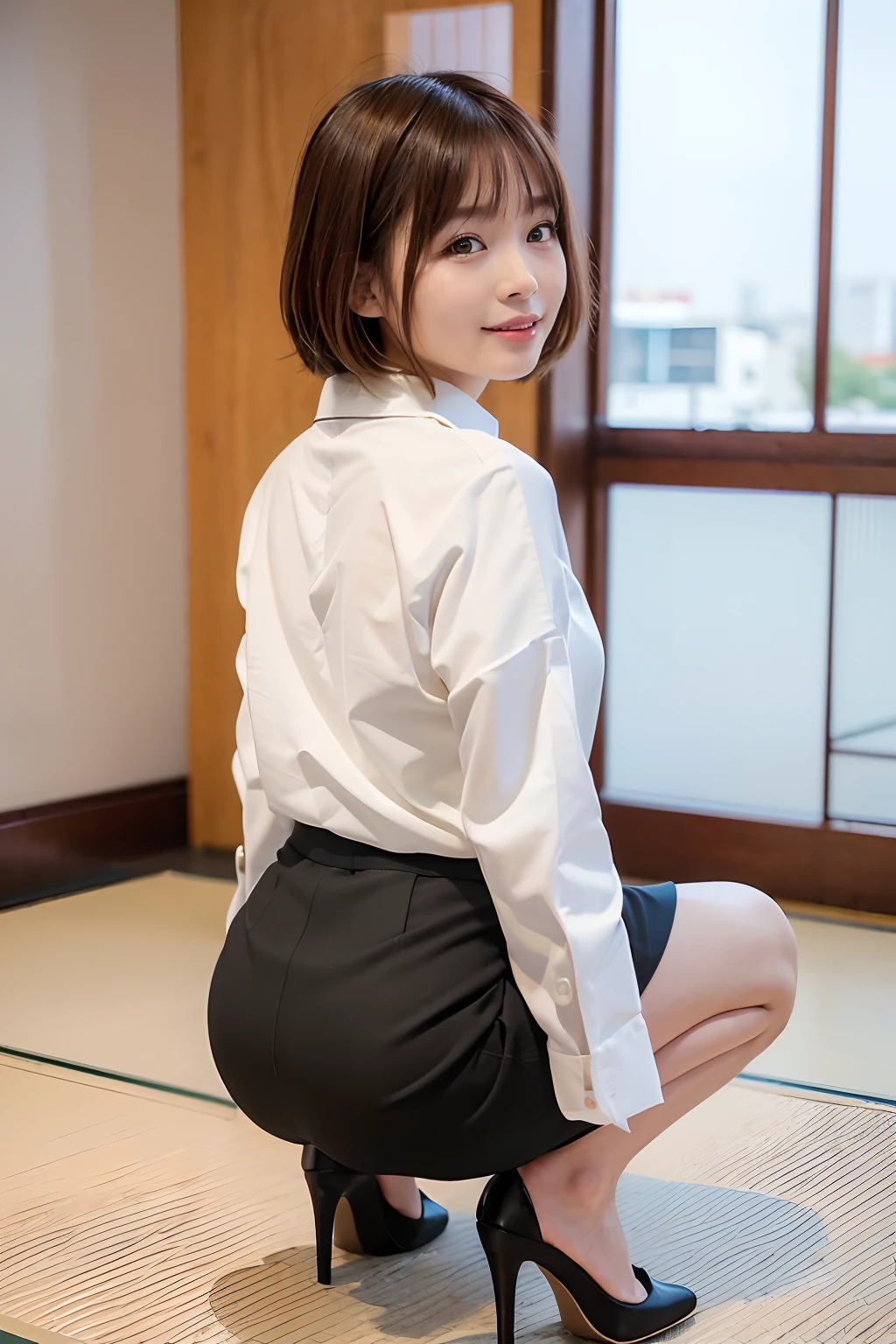 ((traditional Japanese room、On tatami mats))、A smile、(realisitic、Photorealsitic:1.37)、(masterpiece)、(top-quality:1.4)、(超A high resolution:1.2)、(Raw photography:1.2)、(foco nítido:1.3)、(Squat:1.2)、elegent、(full body Esbian:1.2)、(One girl in a detailed pencil skirt and black suit jacket and white shirt:1.3)、(OL)、professionattire、high-heels、(24 year old:1.1)、(ssmile:1.3)、(Shine Hair:1.3)、 brown haired、bob cuts、 Short pencil skirt
(Colossal tits:1.2)、(Bright daytime indoors:1.2), Photograph the back view、beautiful finely detailed eyes、 see the beholder,、(cute little)、emphasis on the buttocks