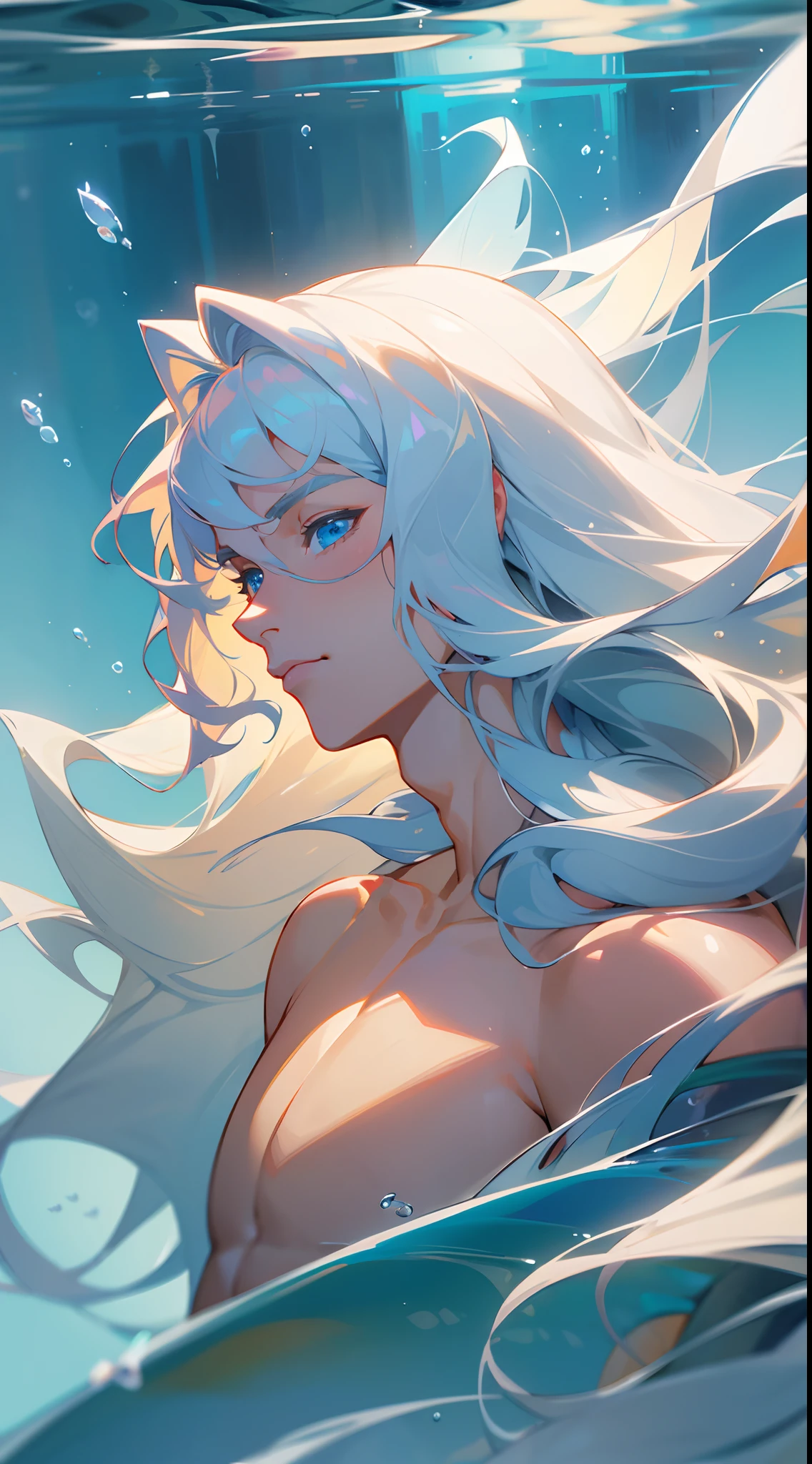 masterpiece, best quality, realistic, a merman, male merman, 1man, male focus, tall muscular, long wavy white hair, flying bangs, blue eyes, fish eyes, handsome, gorgeous accessories, portrait,extremely detailed face,water surface, simple background, fish scales, looking down, looking at the viewers, naked , merman