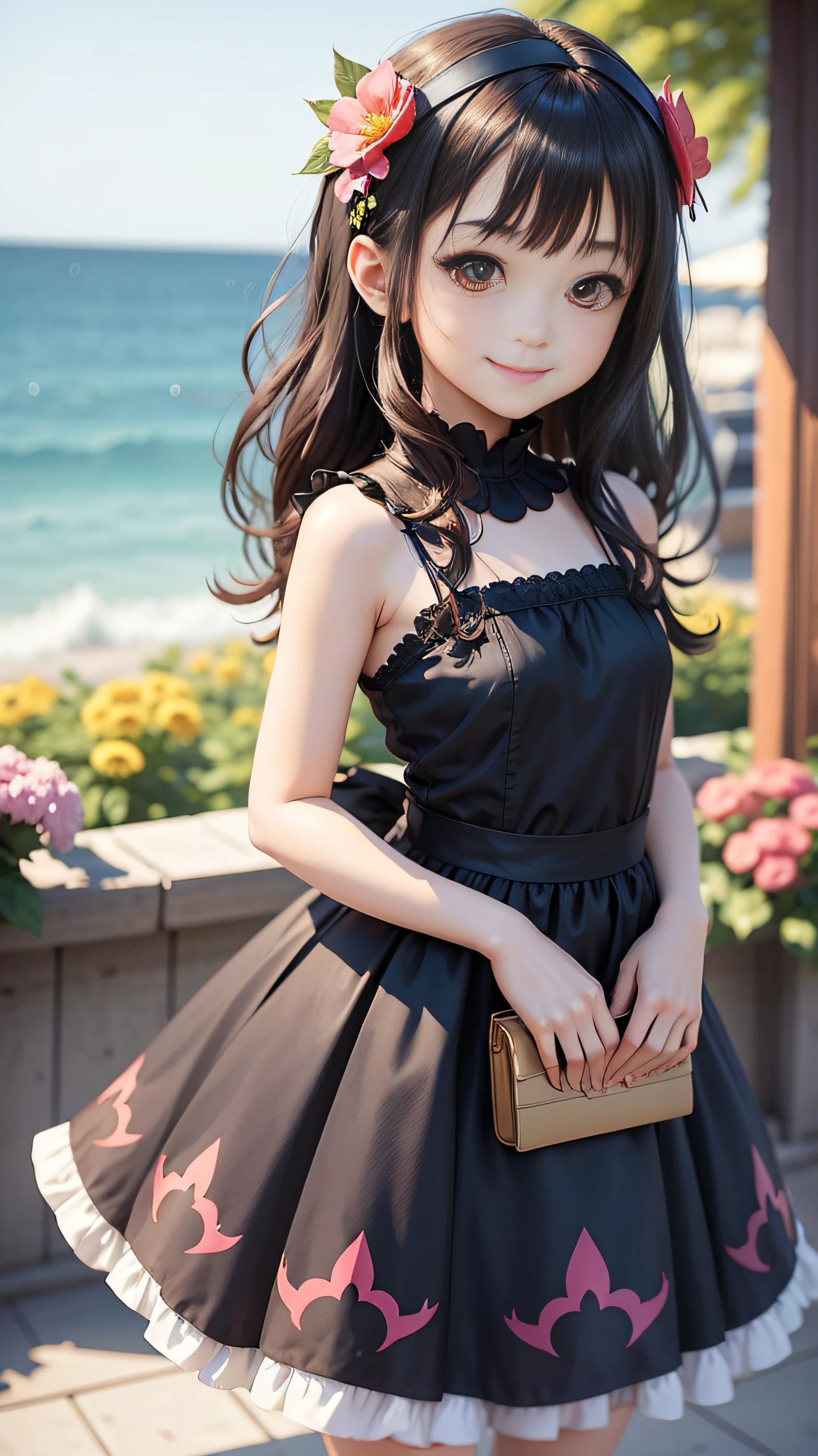 Anime girl in anime style illustration blurred background smiling at toothless camera，is wearing  dress，flower  sea