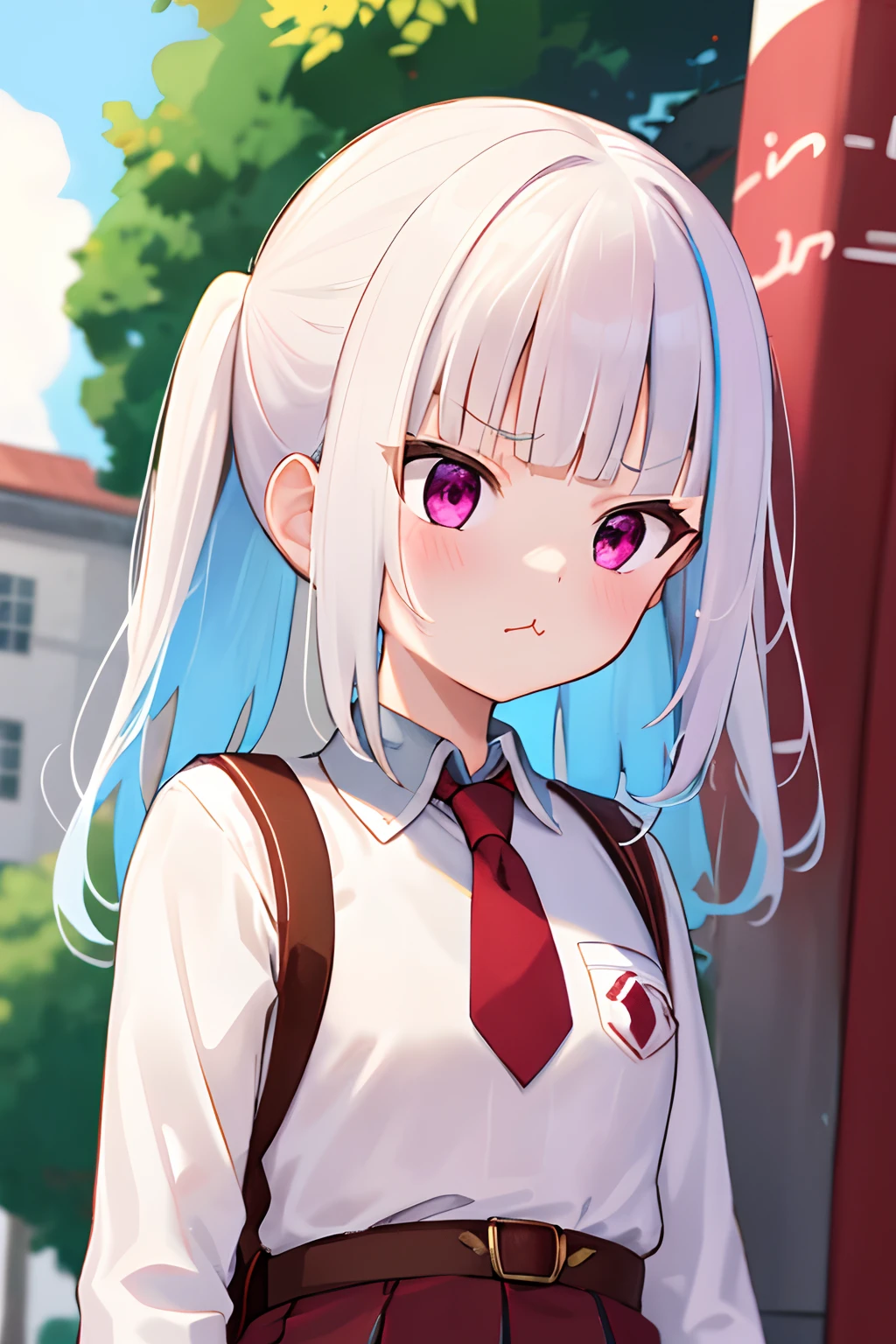 1girl, straight-on, upper body, solo, closed mouth, white shirt, tight shirt, red skirt, red necktie, holding backpack, angry, pout, red cheeks, school, 7 year old girl, (iwanagadress:1.2), (iwanagakotoko:0.9), lineart, outdoor, long sleeves, looking away