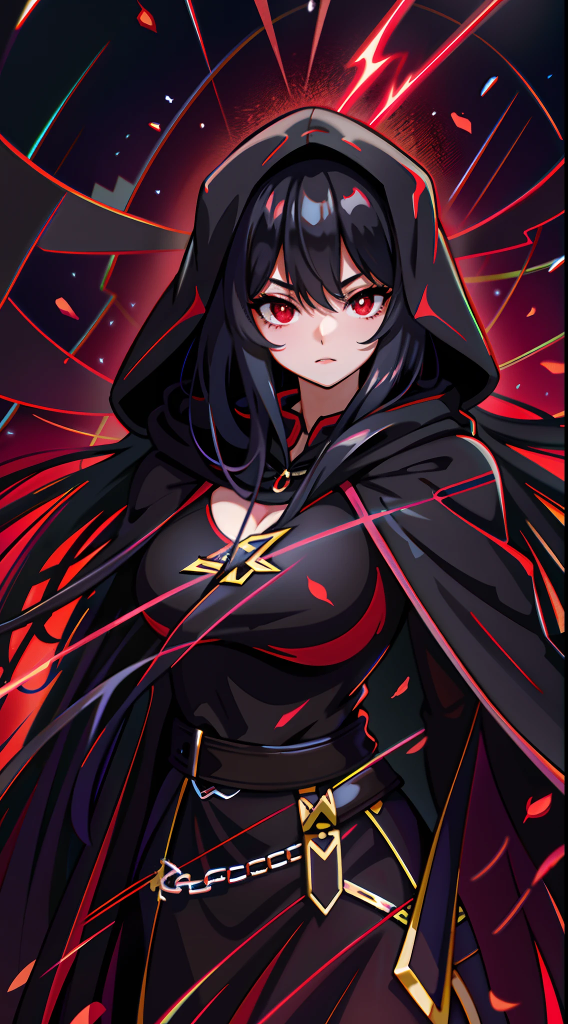 upper body, 1woman, black hair, Long Haired, Red eyes, (Crimson Lightning Angel), Black Long hoodie Cape, Black Large Scythe, tunic, big breats, wallpaper, Chain background, lightning particles, (masterpiece), best quality, Black mask, side-swept bangs, Top Quality, black large wing