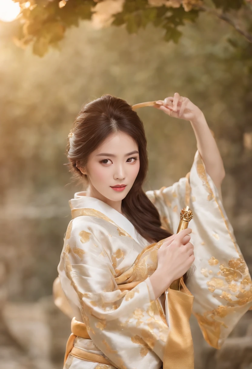 a moon、Detailed background((Ancient city:1.5),细致背景)、elegant backdrop, Break,exquisite costumes{Luxury kimono(Colorful kimono(Delicate gold embroidery,))}、Japanese idol(Actress),Depicting a beautiful and elegant Japanese woman。with lustrous dark hair,poneyTail,heart in the eyes。 Wallpapers 16K, .Blur the background with a sickle,((masutepiece)), ((Best quality)),{{portrait photo of}},full body Esbian