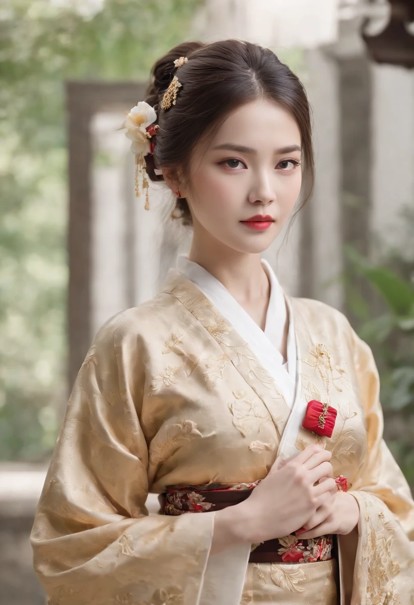 a moon、Detailed background((Ancient city:1.5),细致背景)、elegant backdrop, Break,exquisite costumes{Luxury kimono(Colorful kimono(Delicate gold embroidery,))}、Japanese idol(Actress),Depicting a beautiful and elegant Japanese woman。with lustrous dark hair,poneyTail,heart in the eyes。 Wallpapers 16K, .Blur the background with a sickle,((masutepiece)), ((Best quality)),{{portrait photo of}},full body Esbian