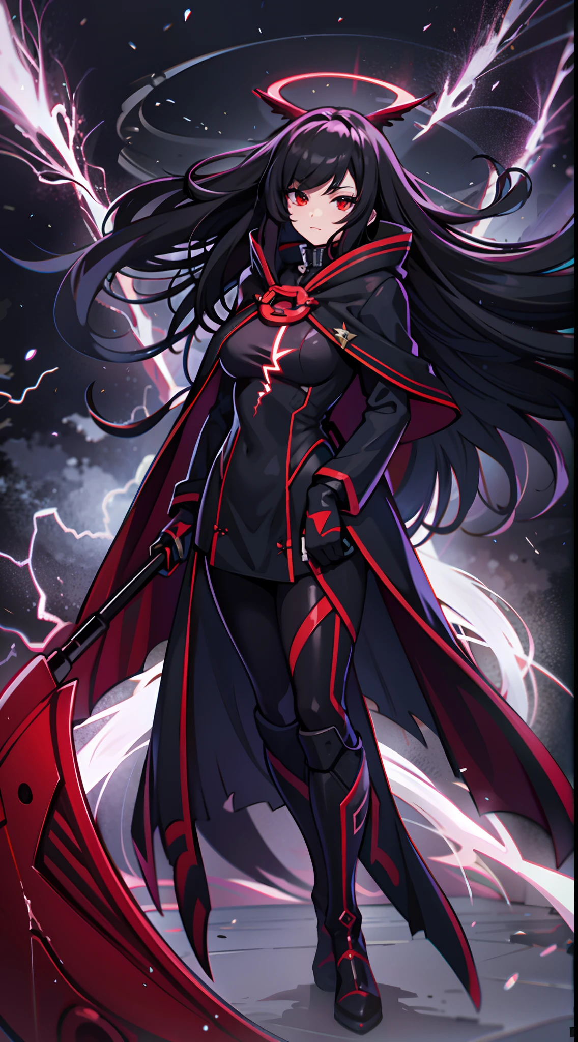 upper body, 1woman, black hair, Long Haired, Red eyes, (Crimson Lightning Angel), Black Long hoodie Cape, Black Large Scythe, tunic, big breats, wallpaper, Chain background, lightning particles, (masterpiece), best quality, Black mask, side-swept bangs, Top Quality, black large wing