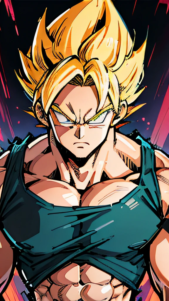 Trunks super sayajin olhando para o espectador, serious face. Aura laranja amarela de poder. Muscles. luz suave. Arte Digital. Traces of the 90s anime. Roupas rasgadas de laranja. rosto definido,