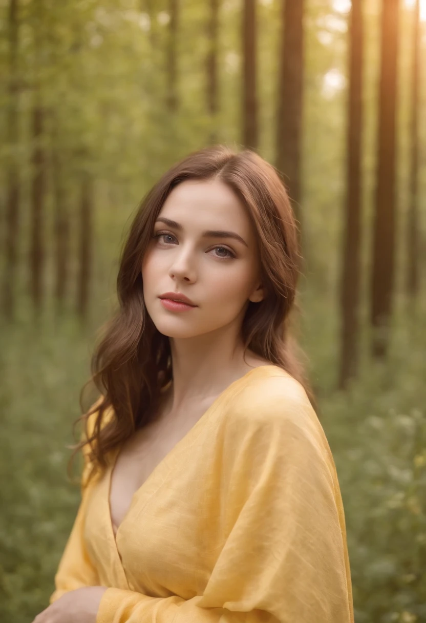 Photograph of a beautiful girl in her 20s in plain pajamas on a long yellow cloth, Sentado en un tronco en un bosque brumoso, Abundante cabello amarillo, Franja arbustiva, Ojos brillantes y hermosos, beautiful symmetrical face, Cara linda e inocente, sin maquillaje, sin adornos, Film grain, Dream photos, Foto conceptual, Emotional photography, Film photography, realistic photograph, realista, foco nítido, 14k, Altamente detallado, Sociedad CG, Ultra-definition, Grano muy fino, Fotos polvorientas, Filtro de grano tomada con un Iphone 11