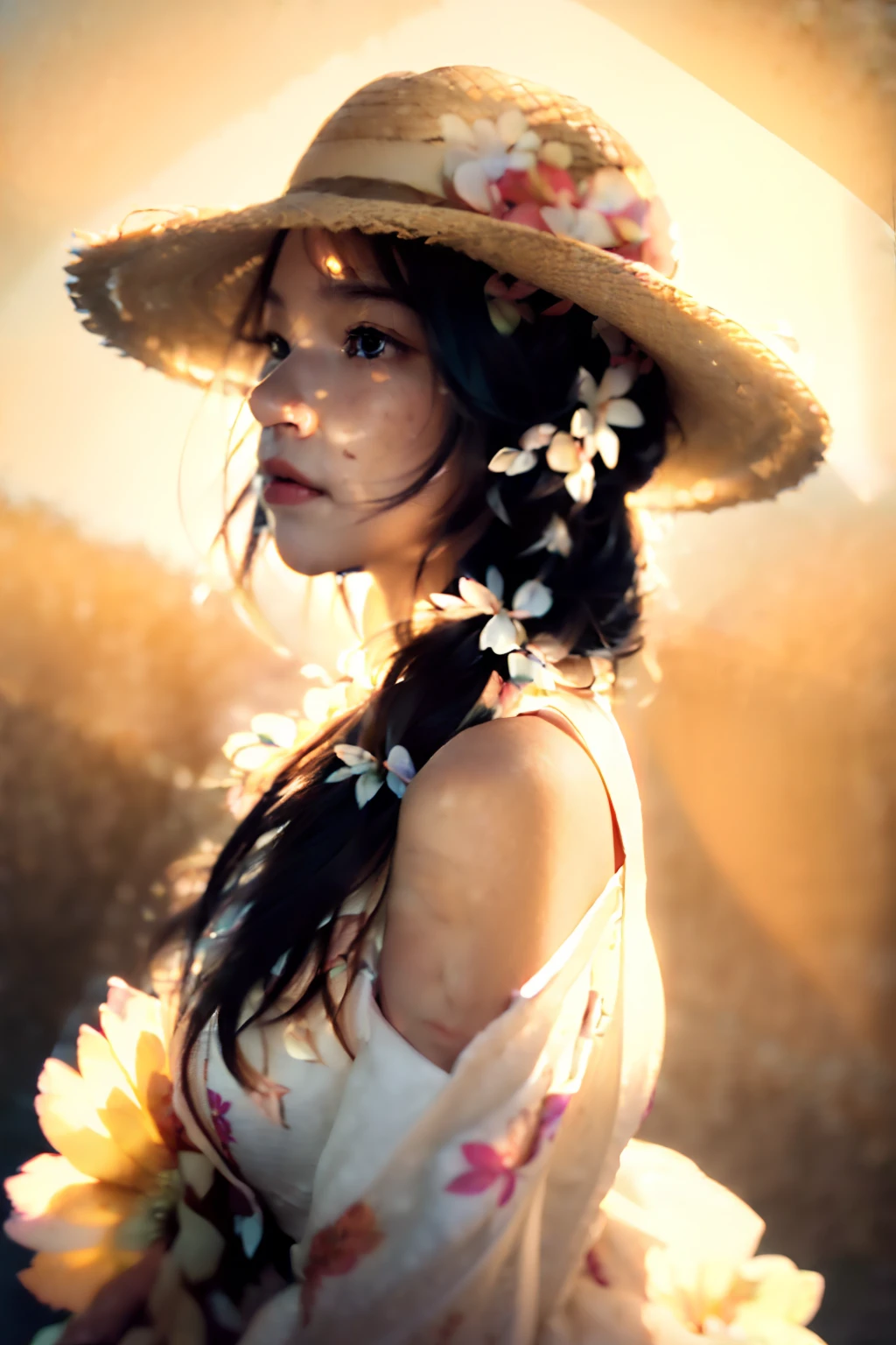 (extreme close up:1.5), (face focus:2),(Style of ???? ???:1.5),
((side face:2)),(1girl surrounded by soft_light:1.5), (backlighting:1.8), (lighting),(flowing fabric:1.3), ((Floral_summer_dress:1.5),(Straw_hat:1.3)),
(masterpiece), realistic, HDR, highly detailed, 8k, raw photo,
ambient occlusion, natural, harmonious composition, warm tones, fine art photography,