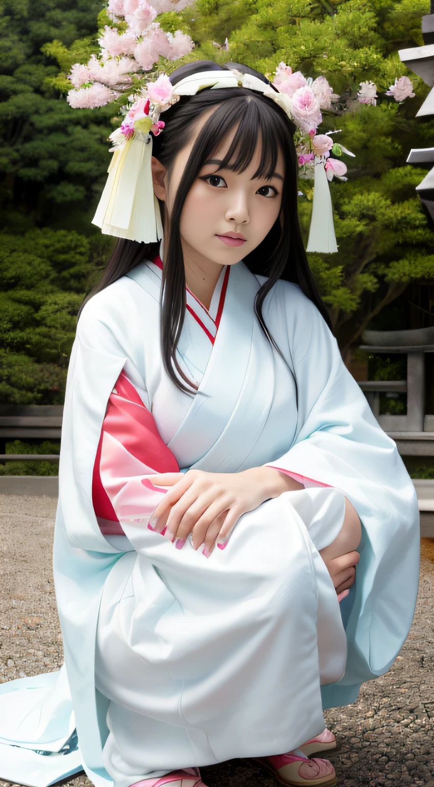 hightquality、masterpiece、ultra res、a beauty girl、cute girl face、temple、shrine maiden、Wearing priestess clothes、full bodyesbian、Famous actresses of Japan、very beautiful face