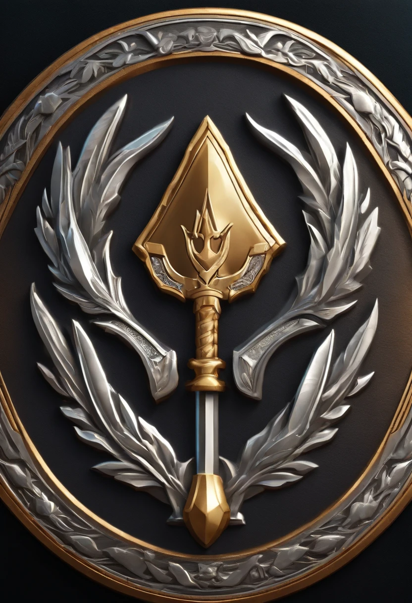 （Game achievement badge design），silver medal，Flat 2D Effects，Wheat border ears，(In the center of the medallion is、There is an icon where the hammer and wrench intersect)、sword and magic