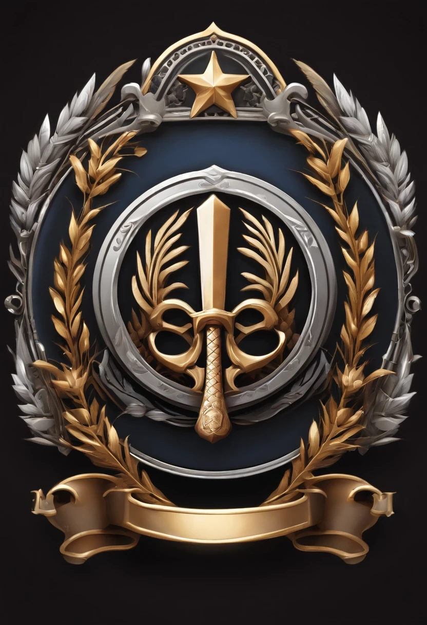 (Game achievement badge design),silver medal,Flat 2D Effects,Wheat border ears,(In the center of the medallion is、There is an icon where the hammer and wrench intersect)、sword and magic