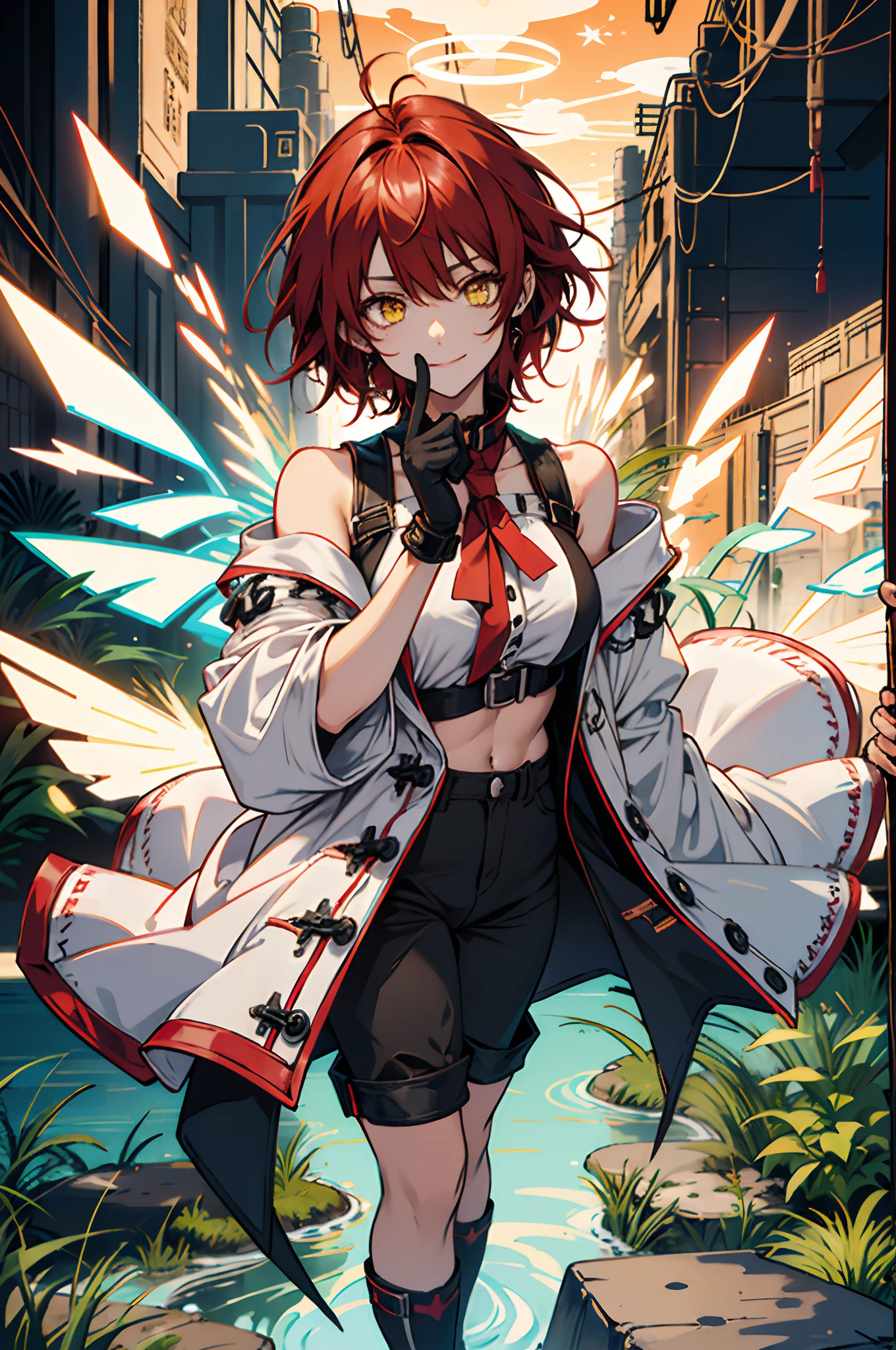 Pure sky,mechanical leg,Black mechanical legs,Plump legs,Red gem setting,Anime girl standing gracefully on the ground,Black cape and red hair, rogue anime girl, Anime girl standing, Wearing a cloak on the blasted plain, asuka suit under clothes!, angel girl, badass posture, mechanic punk outfit, anime styled 3d, render of a cute 3d anime girl, gapmoe yandere grimdark, Female character,musculature,Abs,glowing bright yellow eyes,Black hair with red gradient,short detailed hair,Bunched hair,Dull hair,(Muscle 2.0),Tomboyish,Be red in the face,looking at viewert,Elaborate Eyes,Black mechanical legs,huge tit,1.5,Put your hands in your pockets,ssmile,blacksilk,Straight big breasts,strappy,Black super short leather pants,White bandeau,Toothless smile,Lower breast,Mechanical wind,There are no cities,Side breasts,Excitation,Top crotch,Sexy lower abdomen,extremely large bosom,High-fork panties,looking at viewert,nabel,chest-hugging,The halo,dynamicposes,Tall anime girl,cropped shoulders,Clean and pure sky,Put the index finger of your right hand in front of your mouth