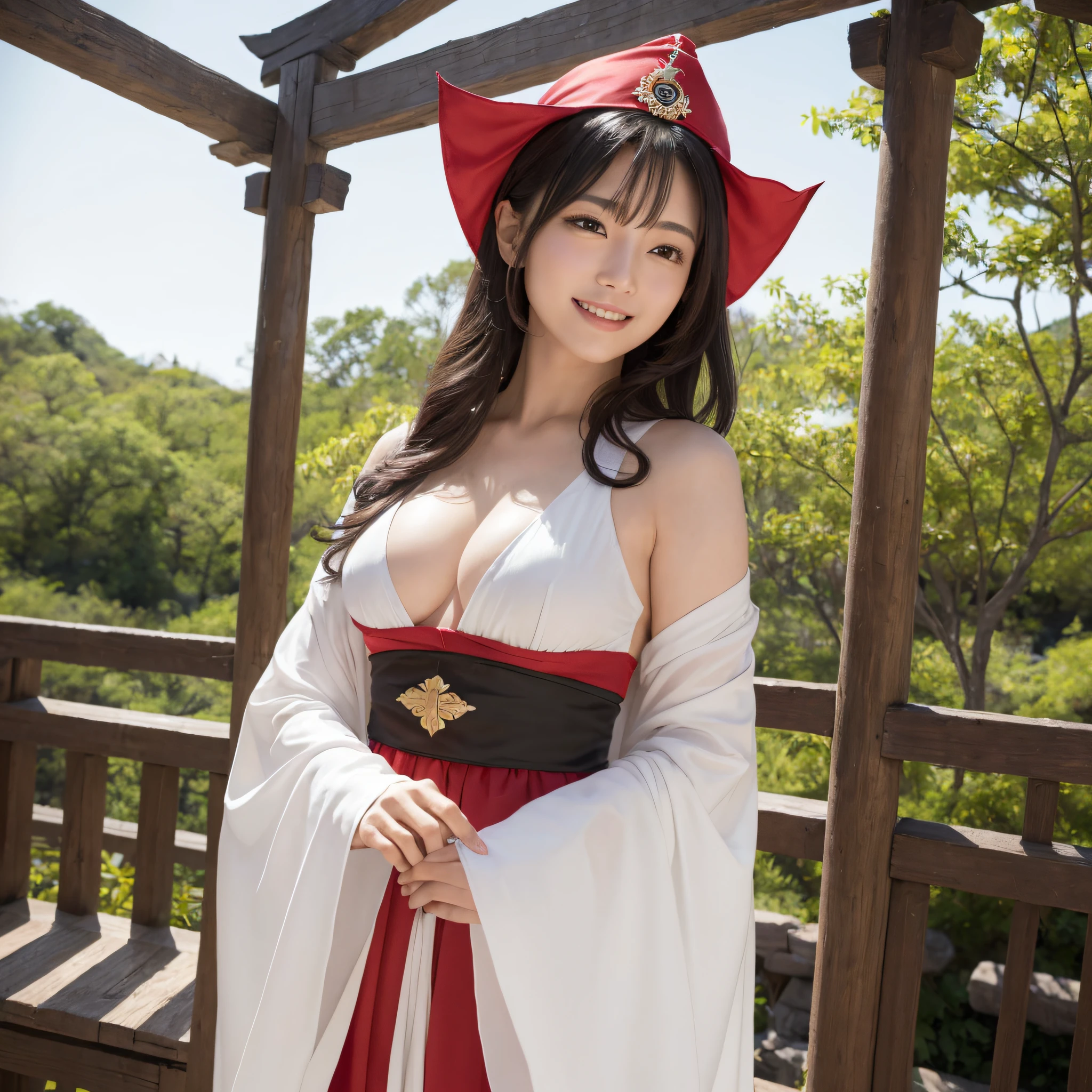 One Priestess、((best qualtiy、8k masterpieces:1.3))、foco nítido:1.2、(ultra beautiful faces:1.0)、(shinny skin:1.0)、photos realistic、A dark-haired、Video Lighting、High-definition eyes and face、Video Lighting、Japan Idol Actress、from the front side、medium breasts、Smile、Slender Abs Beauty、Whole body、Wearing a red priestess costume、At the shrine in the morning