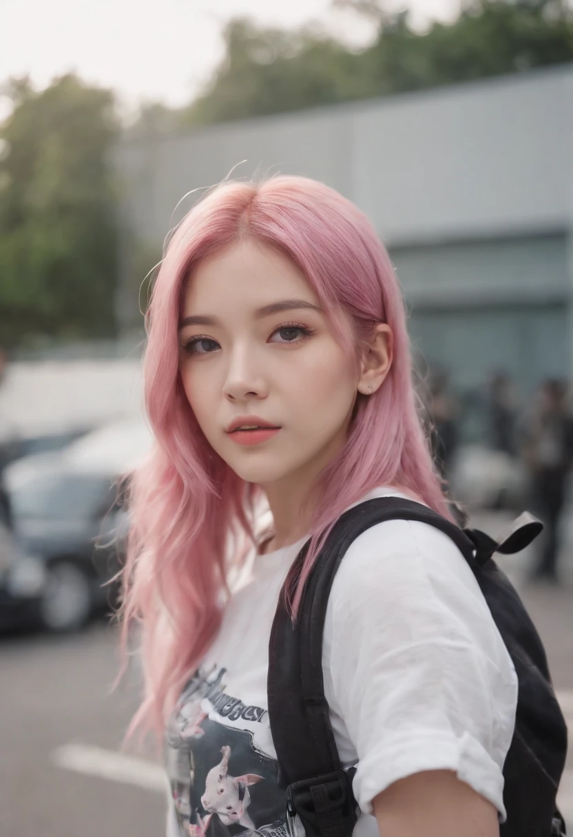 Anime girl with pink hair with backpack, She is seen wearing streetwear pieces, with pink hair, portrait of jossi of blackpink, ulzzangs, ((Pink)), jossi of blackpink, lalisa manoban of blackpink, wearing cyberpunk streetwear, japanese streetwear, With long hair, Anime girl in real life, Casual pose, Pink girl