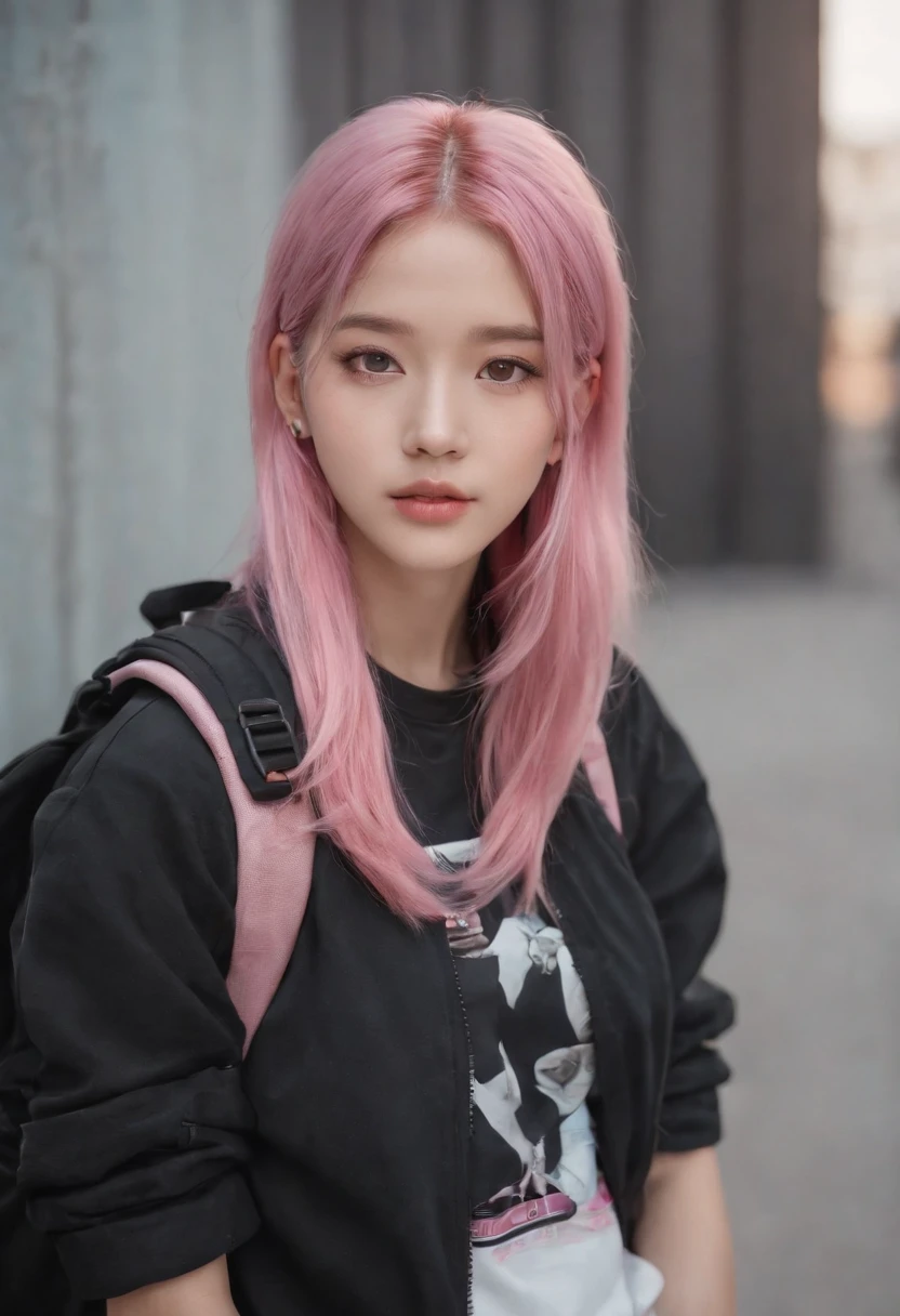 Anime girl with pink hair with backpack, She is seen wearing streetwear pieces, with pink hair, portrait of jossi of blackpink, ulzzangs, ((Pink)), jossi of blackpink, lalisa manoban of blackpink, wearing cyberpunk streetwear, japanese streetwear, With long hair, Anime girl in real life, Casual pose, Pink girl