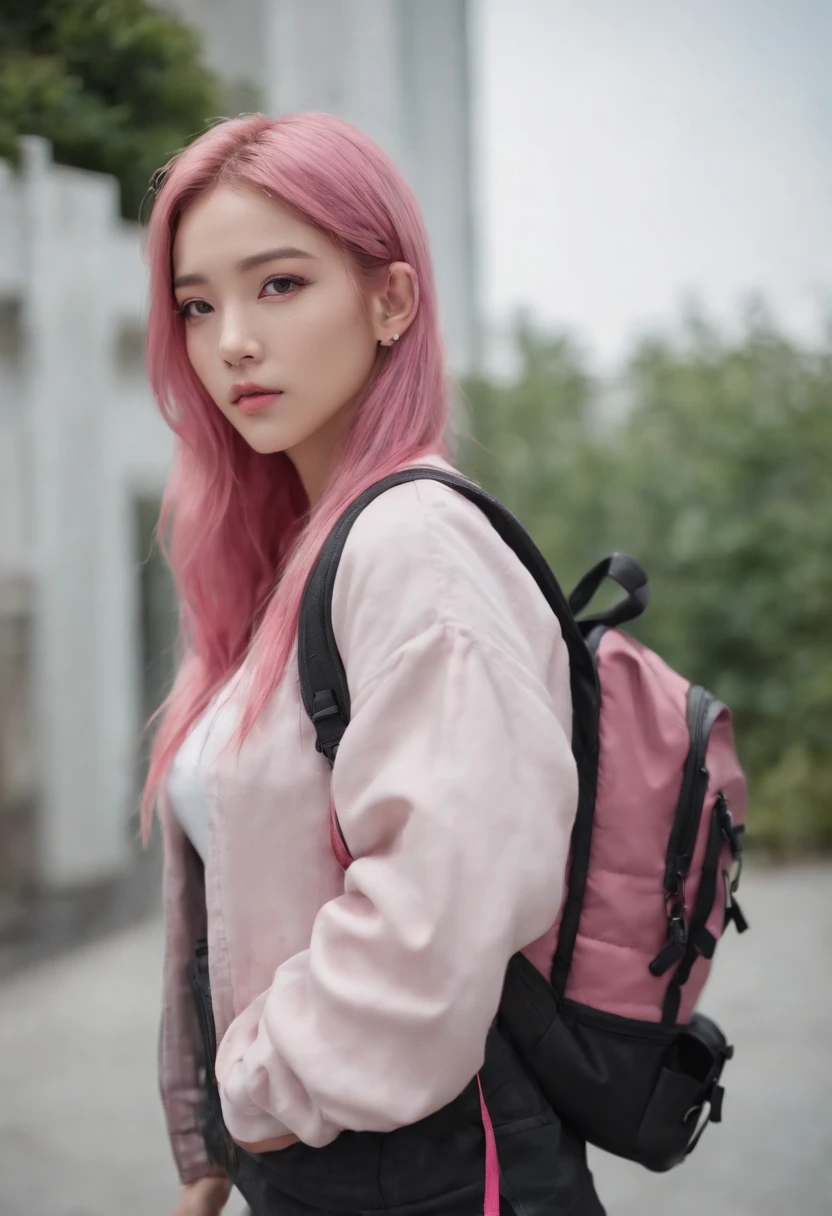 Anime girl with pink hair with backpack, She is seen wearing streetwear pieces, with pink hair, portrait of jossi of blackpink, ulzzangs, ((Pink)), jossi of blackpink, lalisa manoban of blackpink, wearing cyberpunk streetwear, japanese streetwear, With long hair, Anime girl in real life, Casual pose, Pink girl