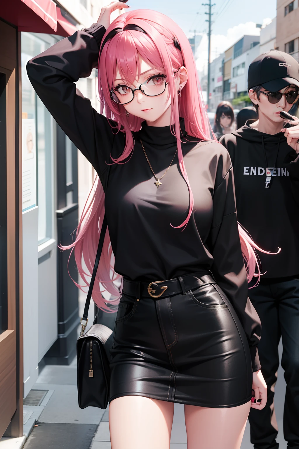 Leader of Runaway Bad Girl, Long Black Jumper, a cool、Lunette de soleil、Skin Jean Miniskirt, Semi-long pink hair, Looking at the viewer, Front view,