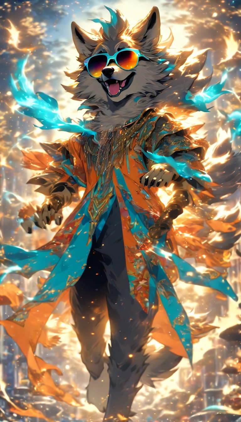 a sence of awe and wonder, full_body, pose, (humanoid: 1.7) a royal humanoid wolf laughing (((wearing cool sunglasses:1.7))), beautiful nature , vibrant colors, magical , butterflies in the background , fantasy style rendering, cinematic photography