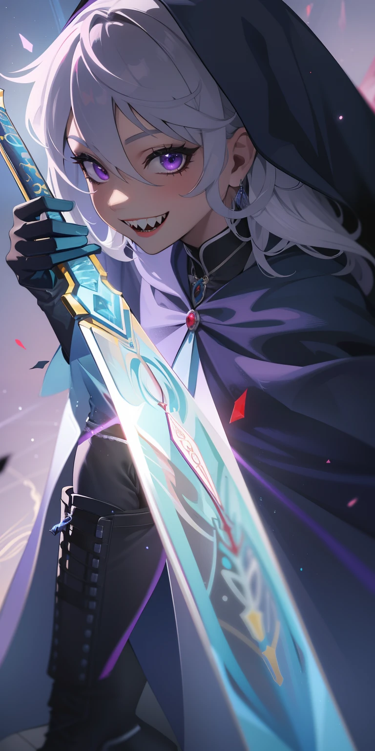 masterpiece, best quality, ultra-detailed, best shadow), (detailed background,dark fantasy), (beautiful detailed face), high contrast, (best illumination, an extremely delicate and beautiful), ((cinematic light)), colorful, hyper detail, dramatic light, intricate details, (1girl, solo,white hair, sharp face,purple eyes, hair between eyes,dynamic angle), swirling black light around the character, depth of field,black light particles,(broken glass), superhero , full body, holding magical sword, woman, happy, smile, look in front, tall, wearing boots, attractive, detailed clothing, woman, adult, sexy, laughing, looking smart, adorable looking, full body, cloak, blood on teeth, vampire teeth, sharp teeth, vampire,