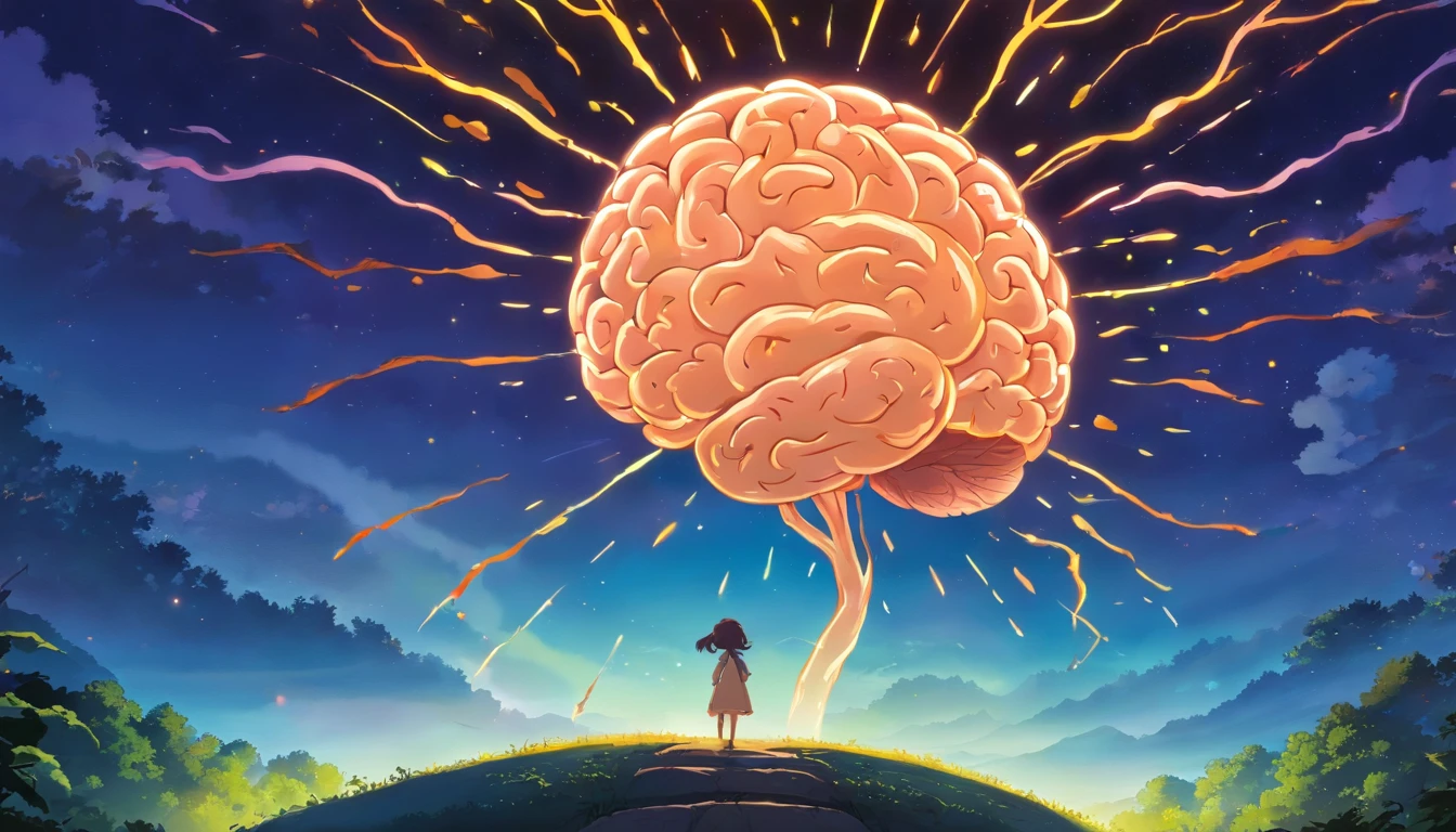 Silhouette or image of a brain with a bright dot in the center representing cognition or insight, complementado por elementos que simbolizam o conhecimento e a aprendizagem, like books or a light bulb.